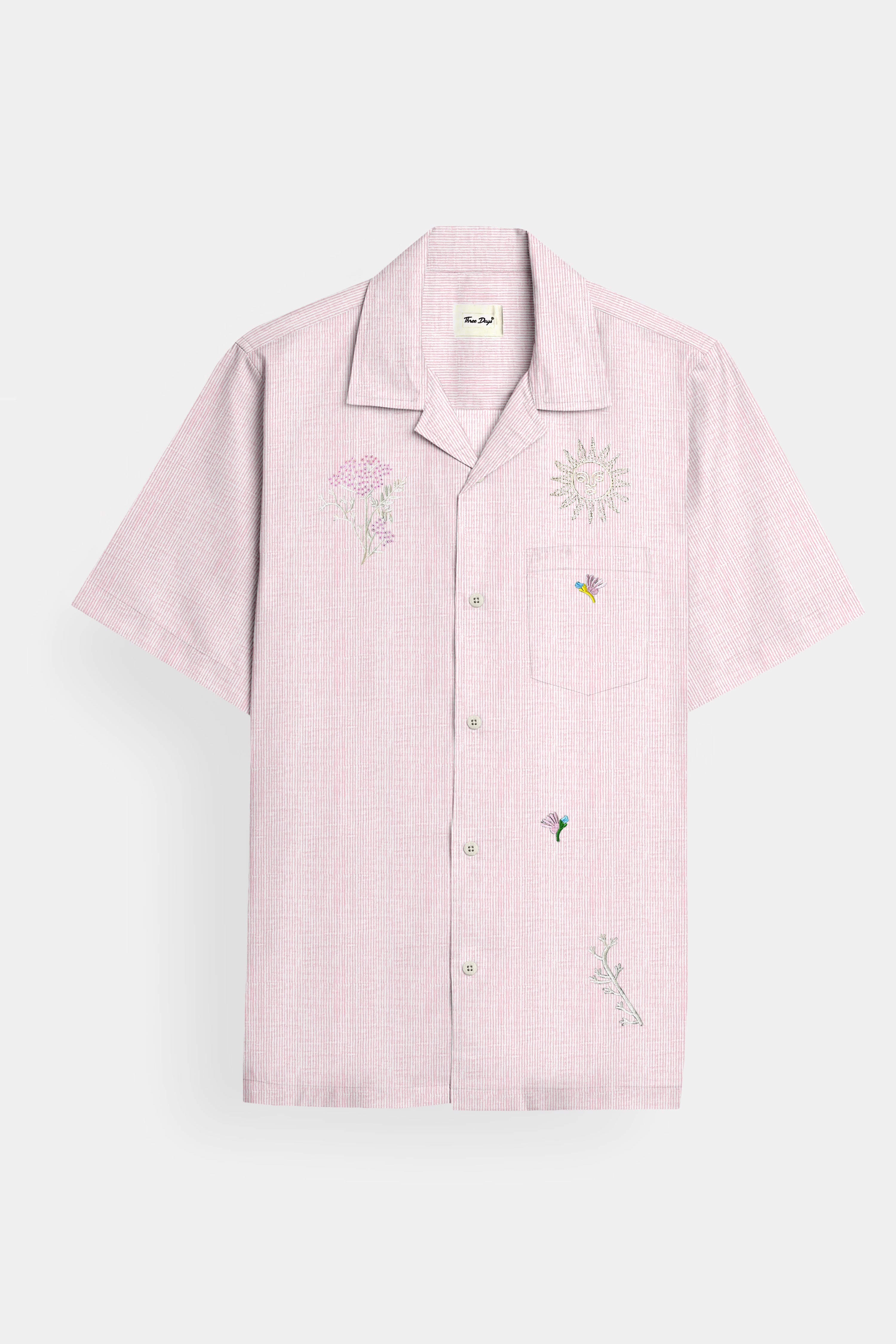Embroidered Linen Striped Pink Shirt - Three Days