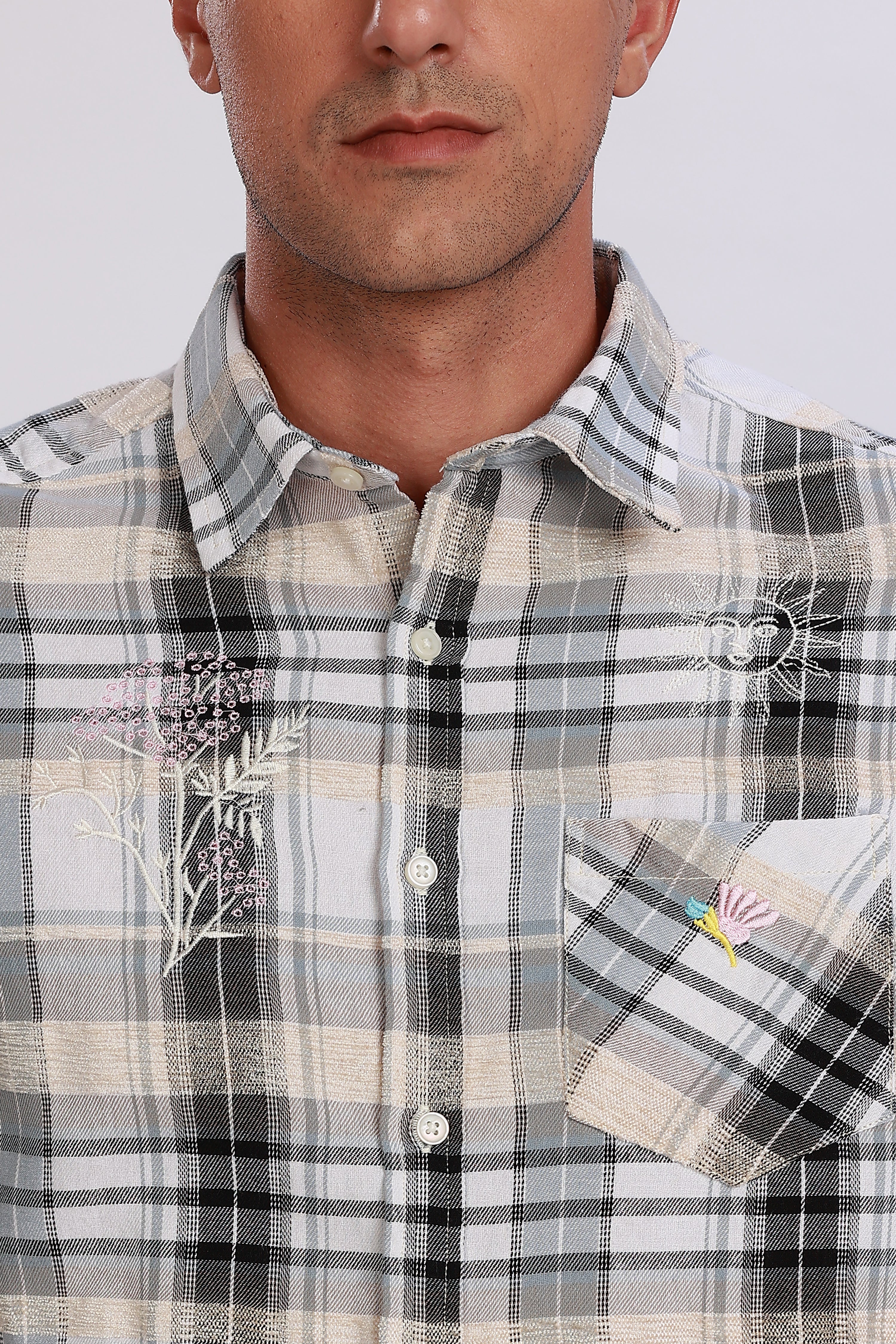 Embroidered Plaid Grey Shirt