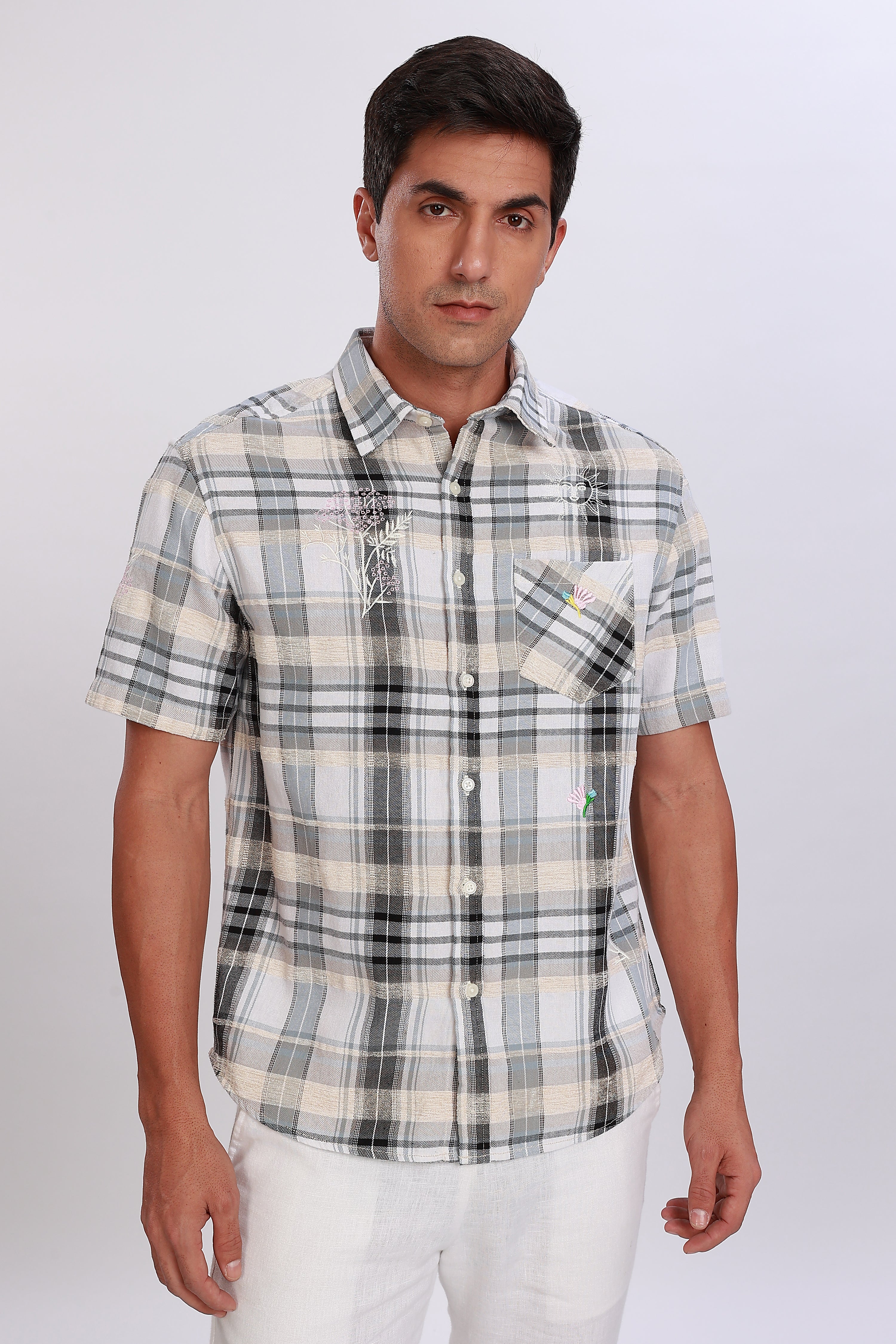 Embroidered Plaid Grey Shirt