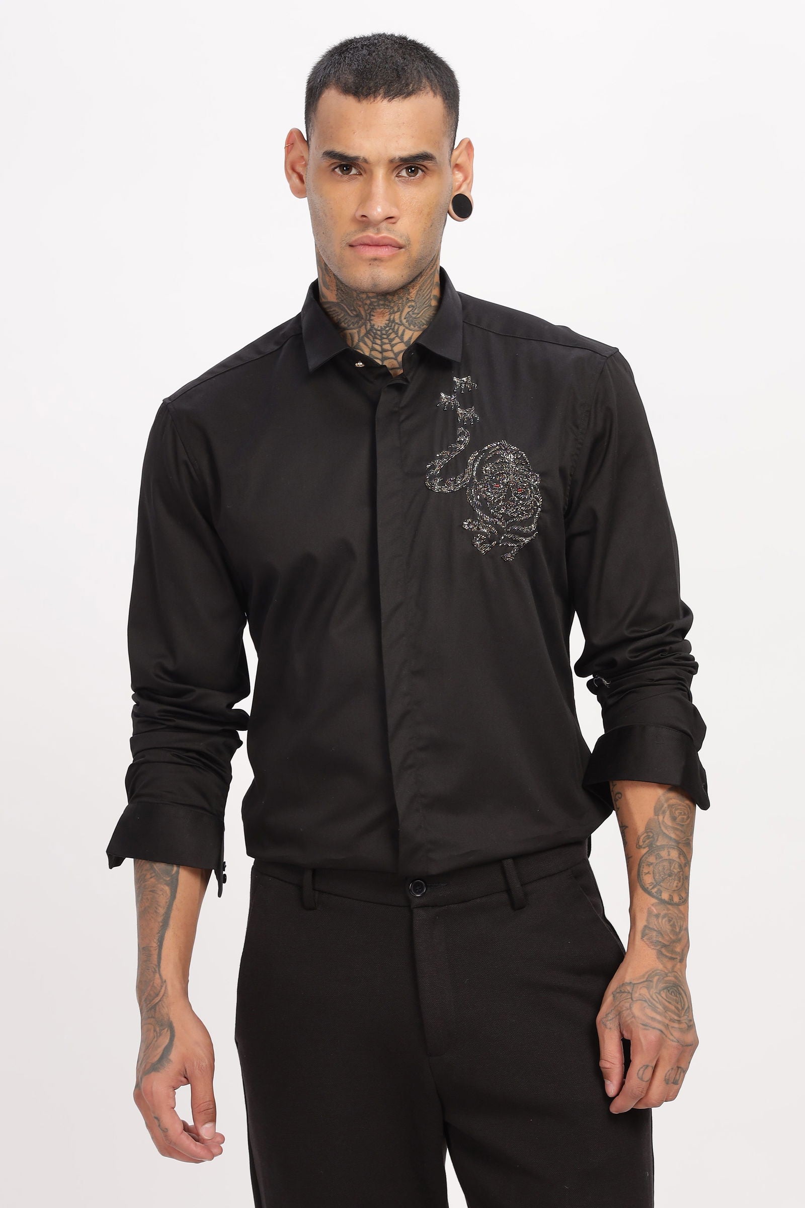 Artisan Beaded Embroidered Black Shirt - Three Days