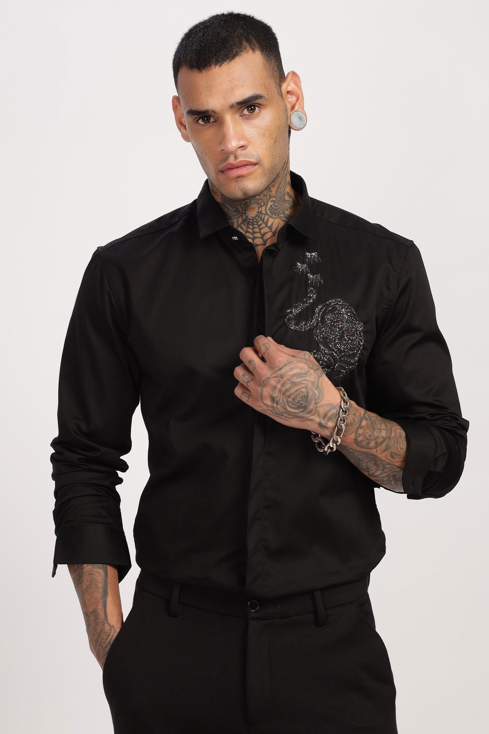 Artisan Beaded Embroidered Black Shirt - Three Days