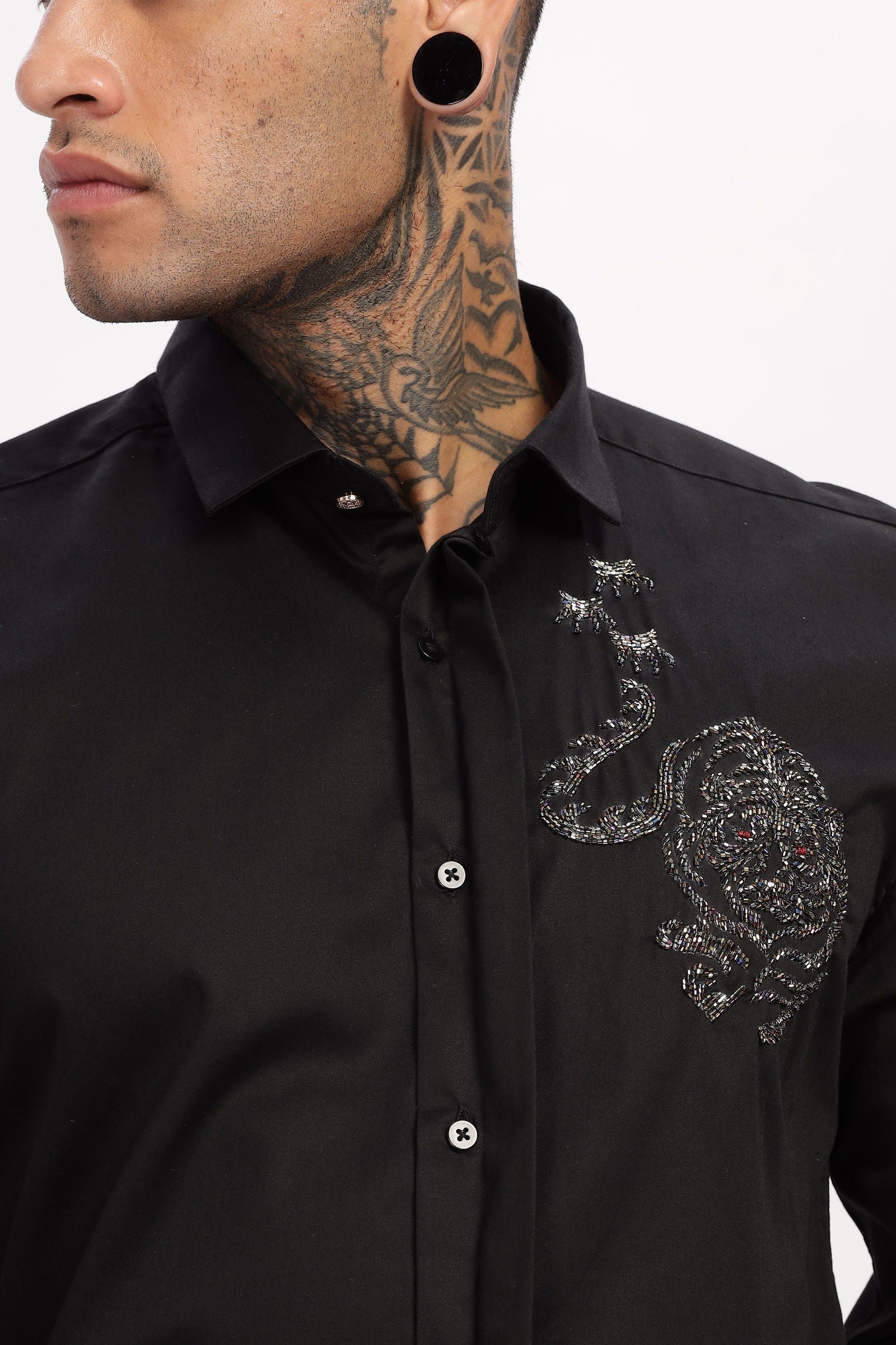 Artisan Beaded Embroidered Black Shirt - Three Days
