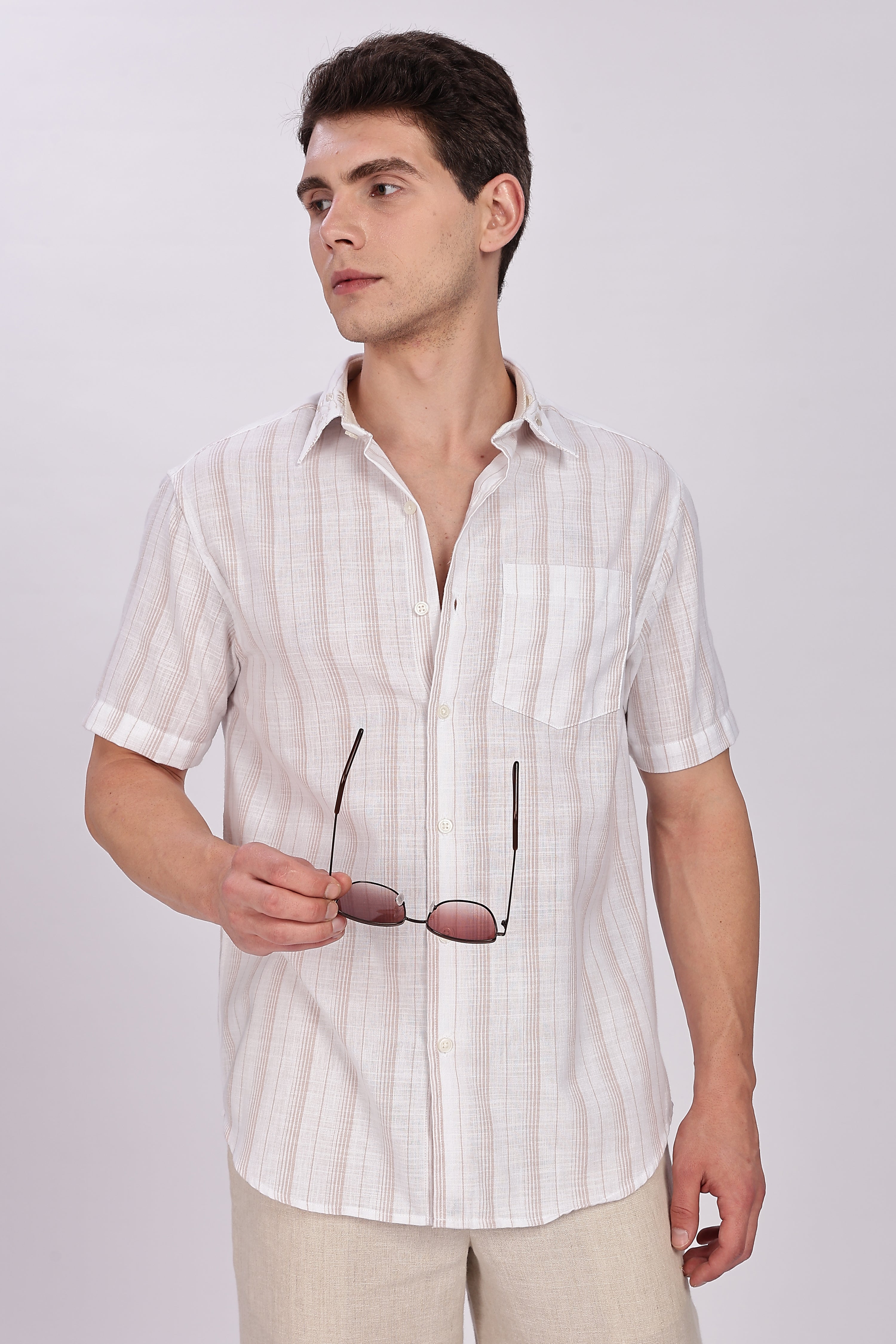 Striped Linen Collar Embroidery Shirt