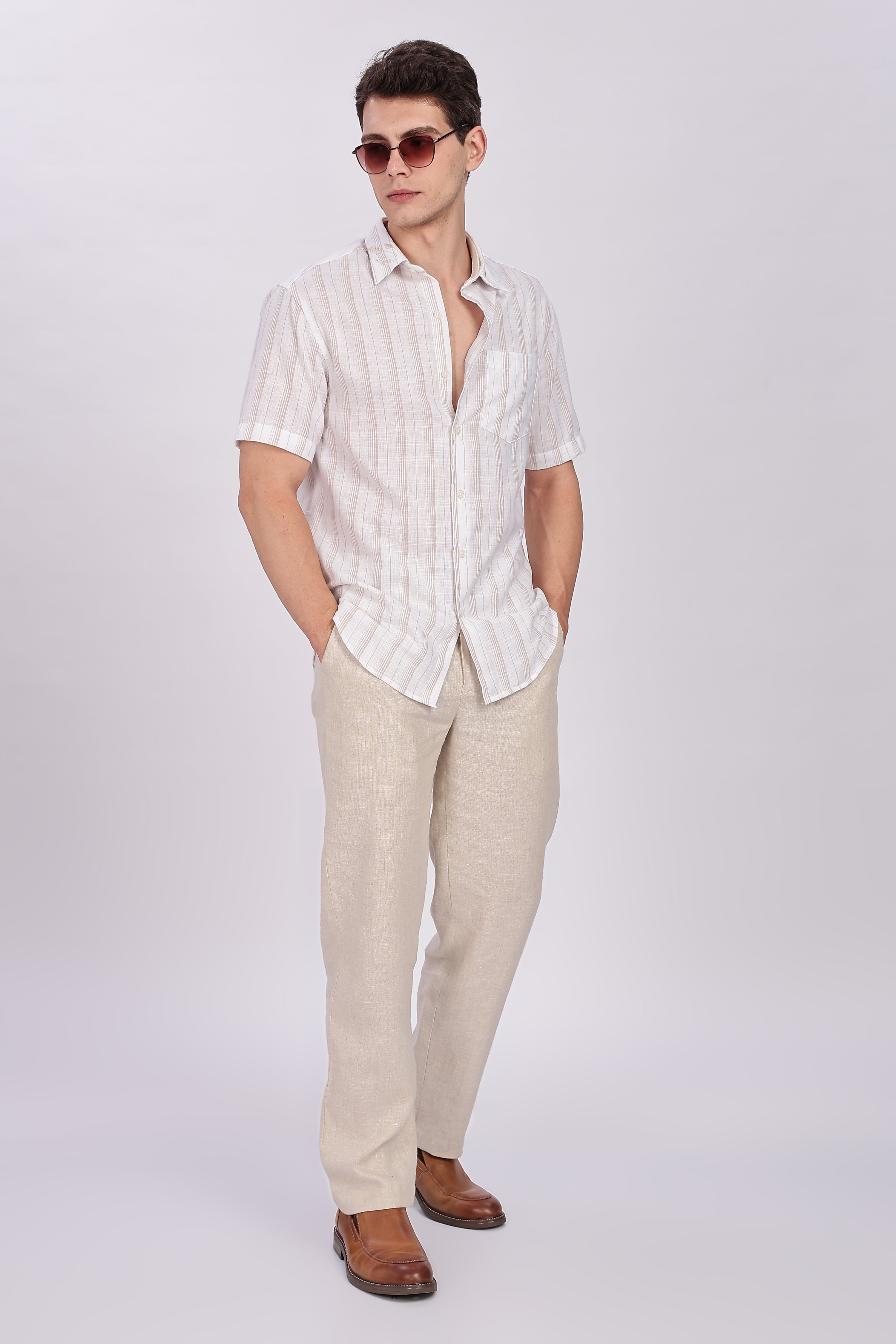 Striped Linen Collar Embroidery Shirt