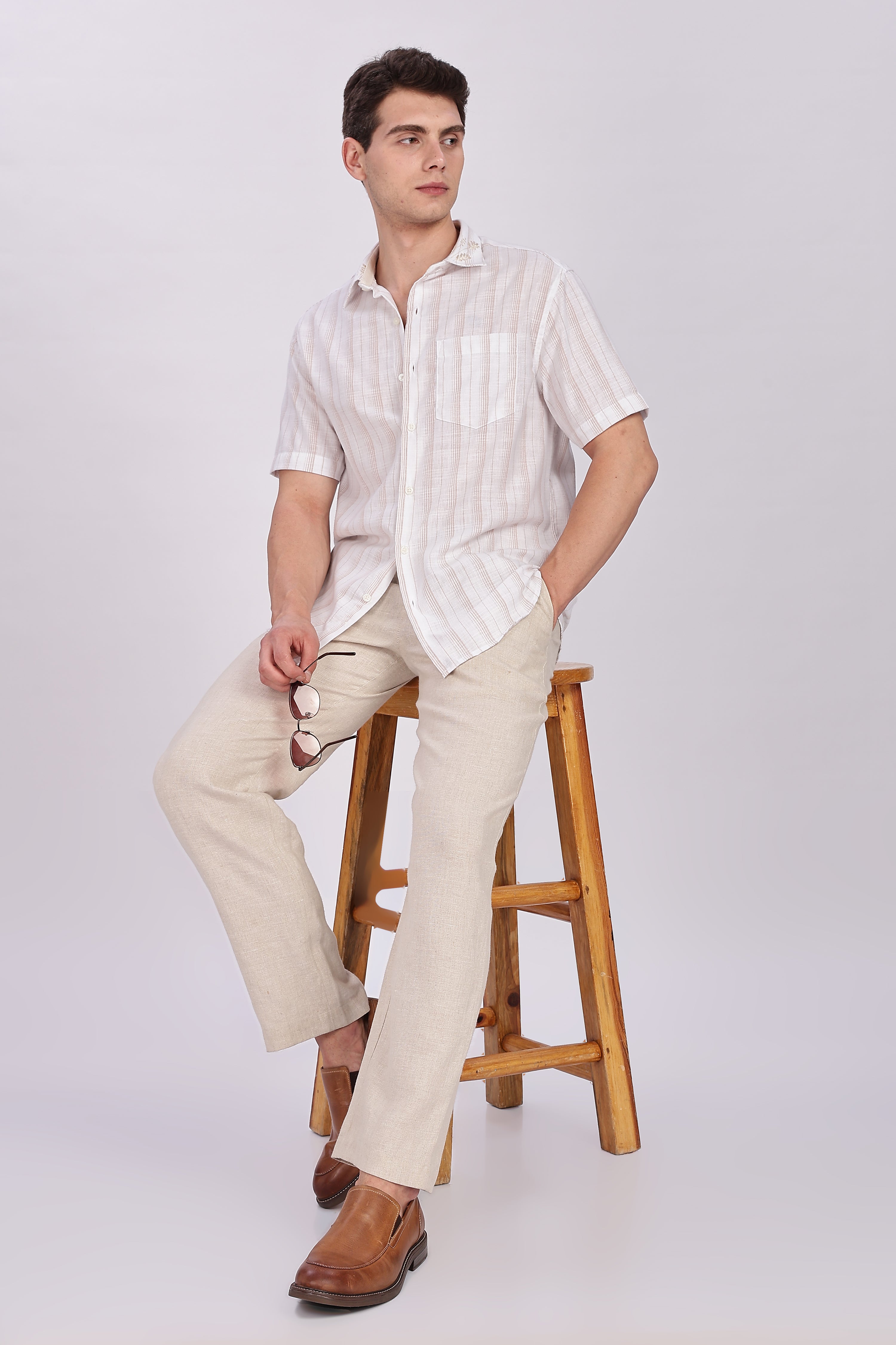 Striped Linen Collar Embroidery Shirt