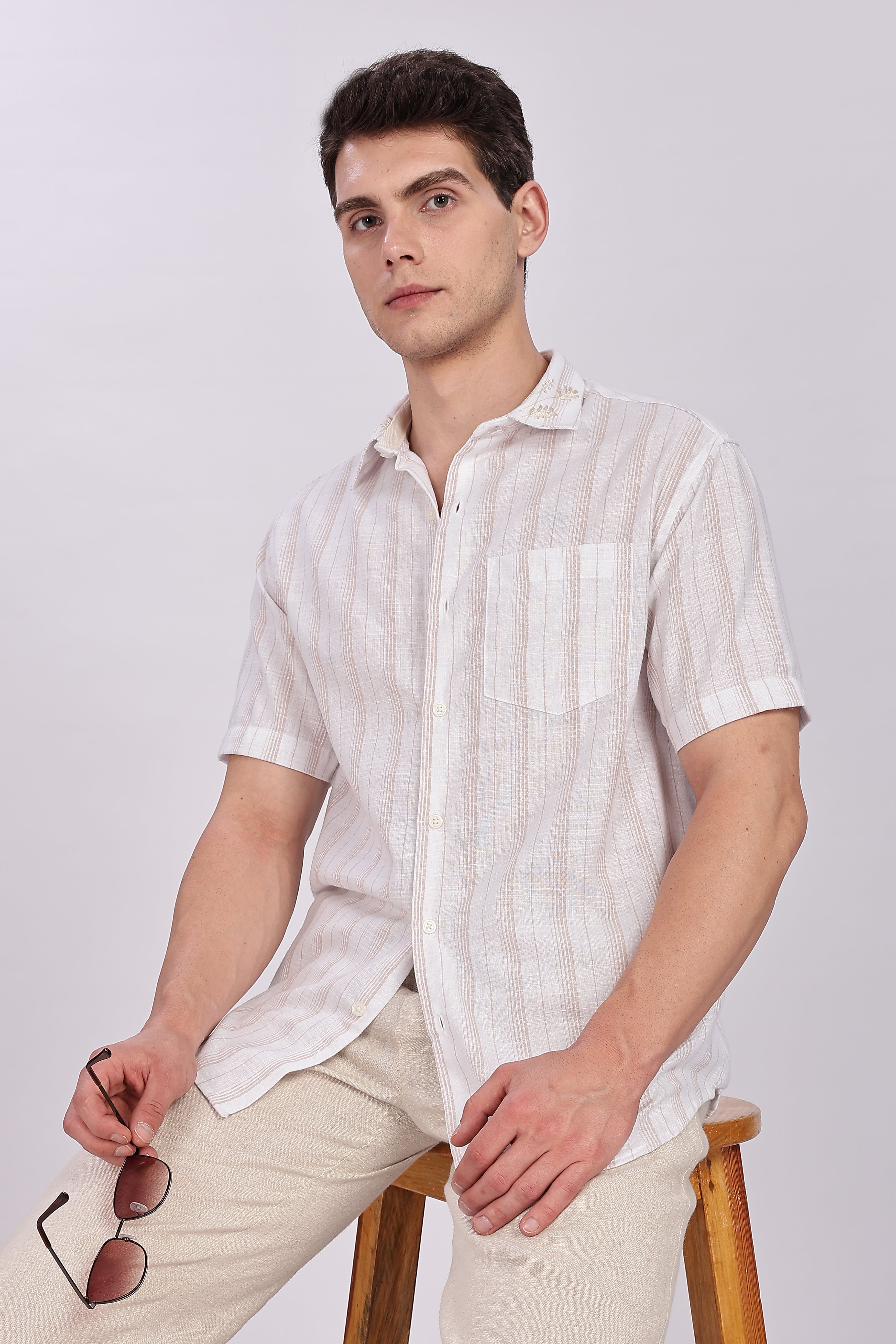 Striped Linen Collar Embroidery Shirt