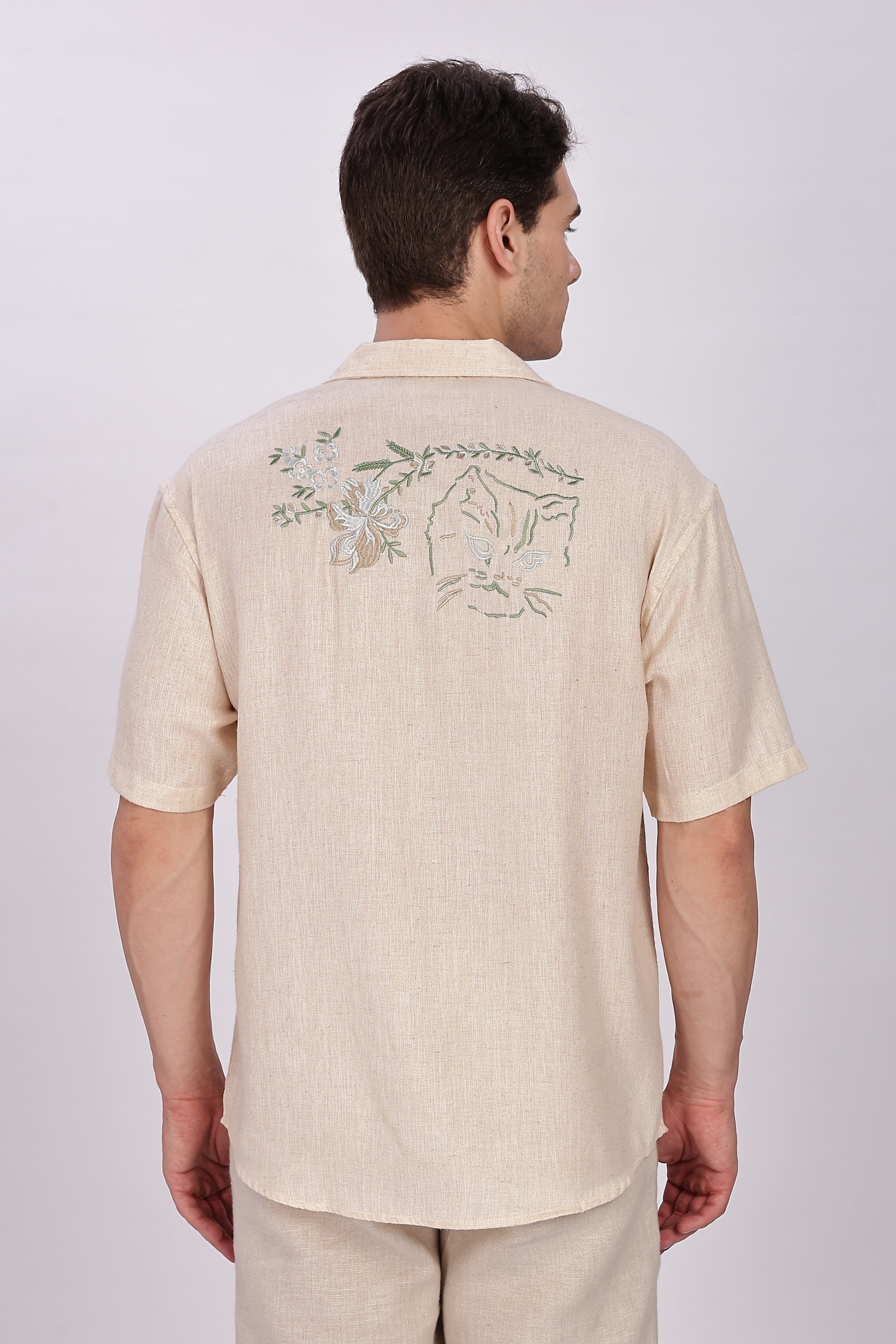 Slub Linen Cat Embroidery Shirt