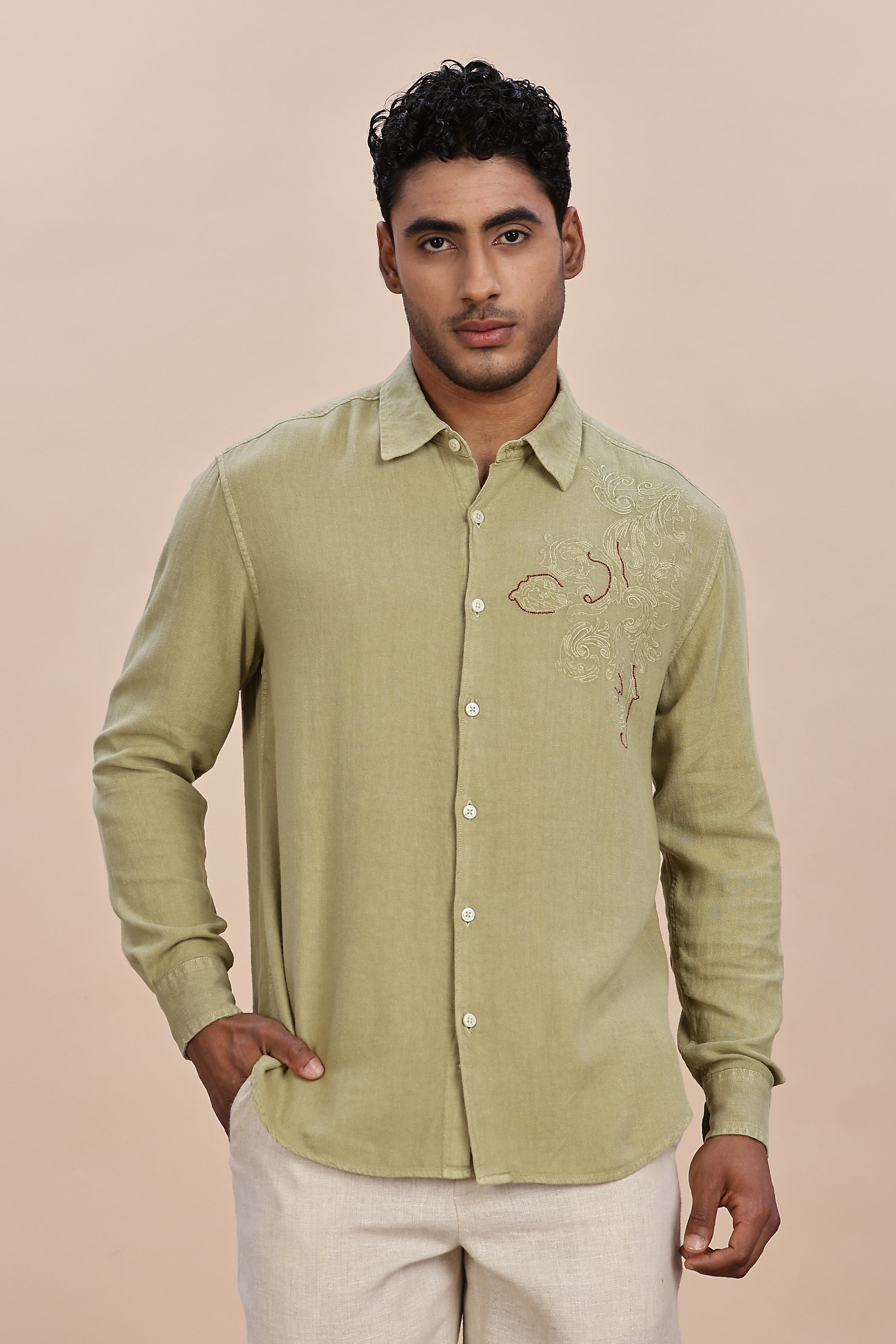 Handcrafted Linen Olive Shirt