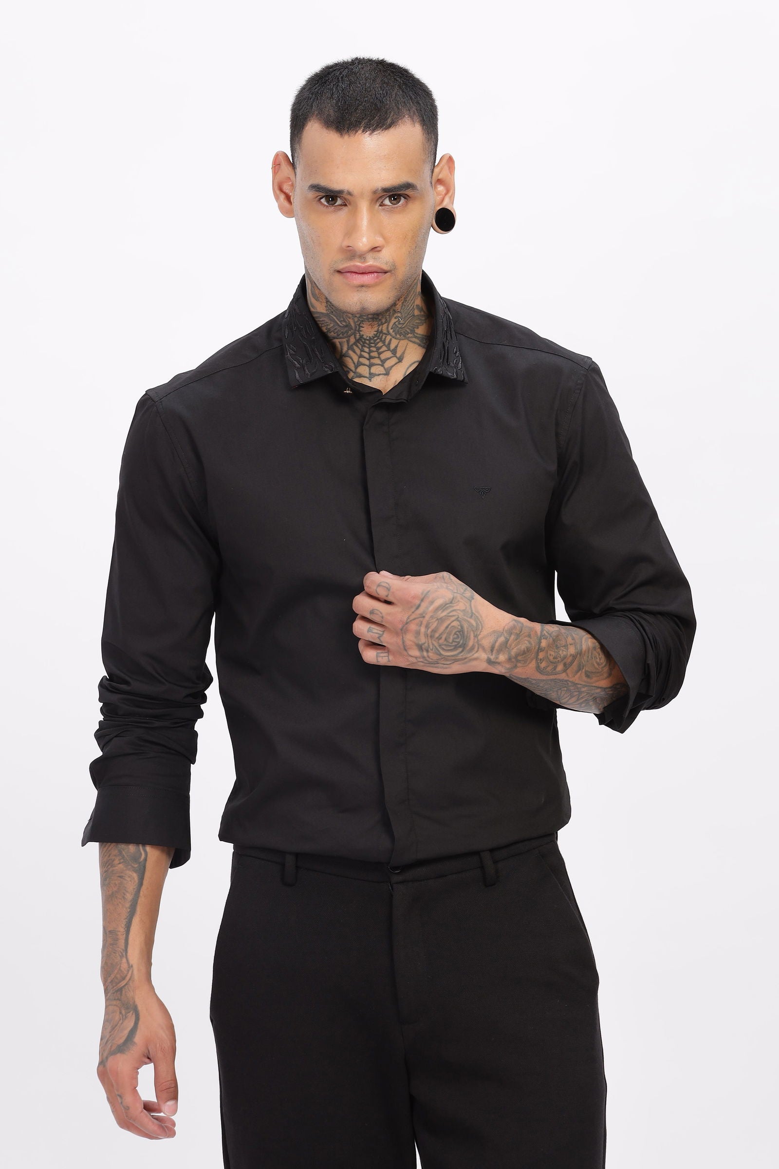 Crafted Collar Embroidered Black Shirt - Three Days