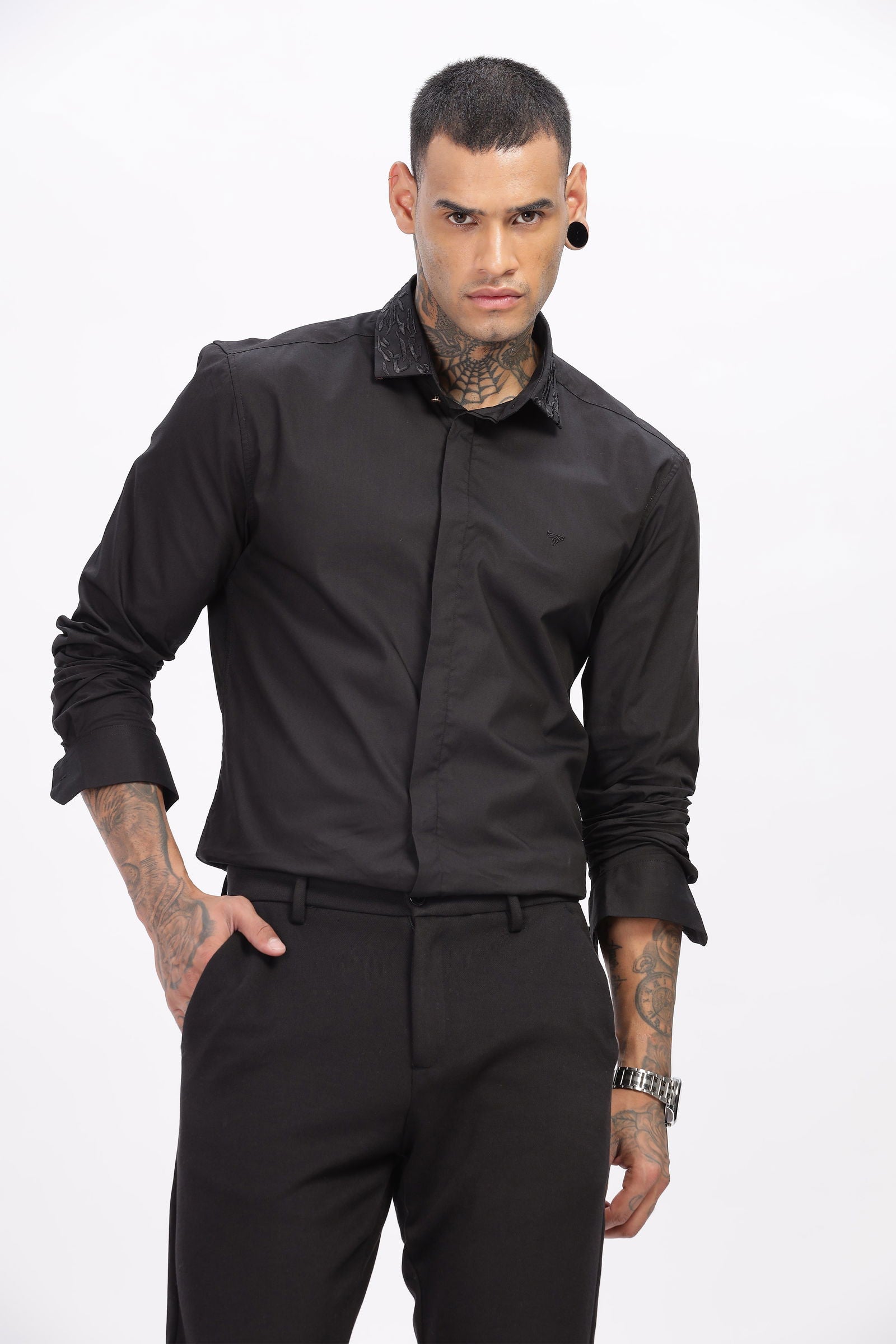 Crafted Collar Embroidered Black Shirt - Three Days