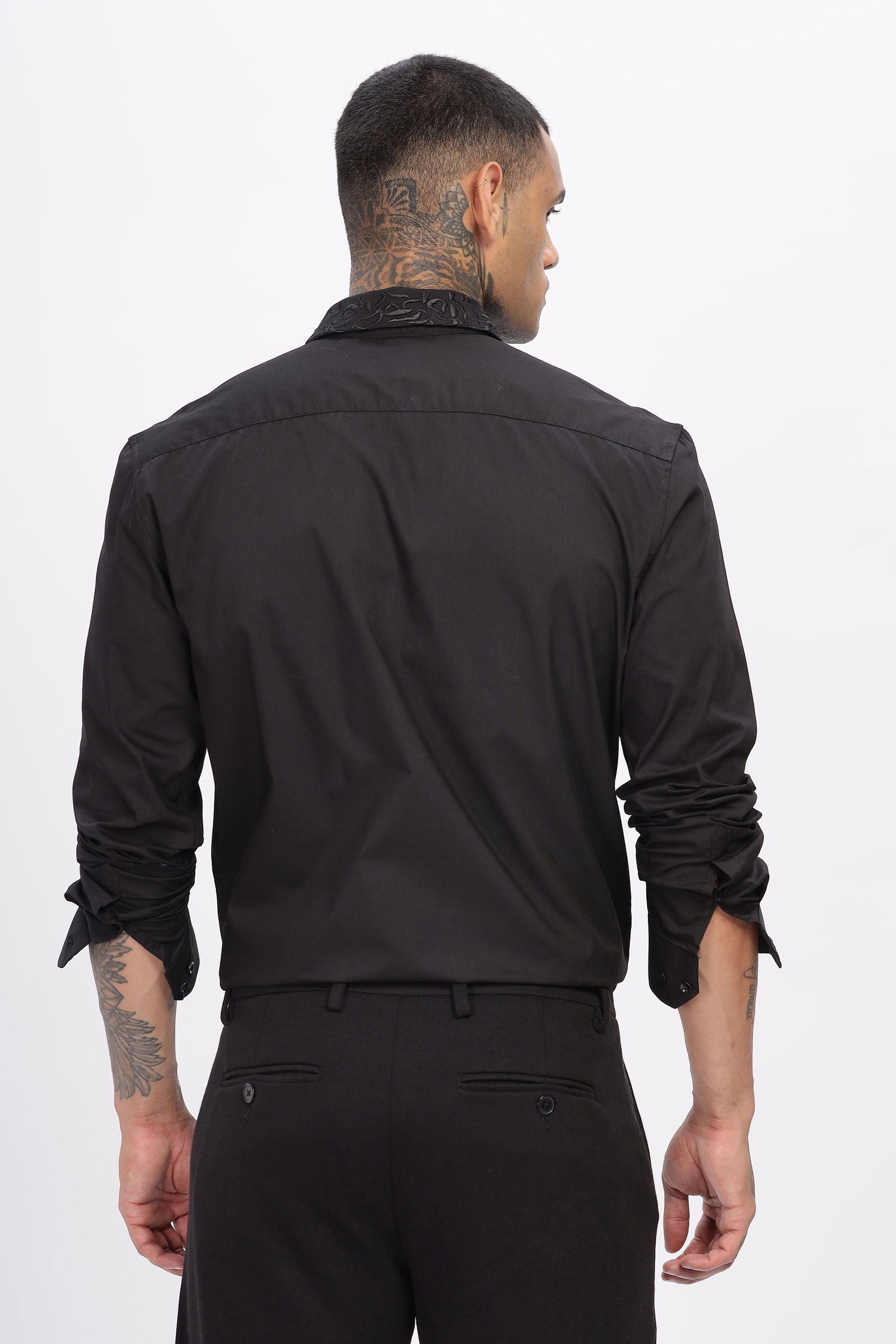 Crafted Collar Embroidered Black Shirt - Three Days