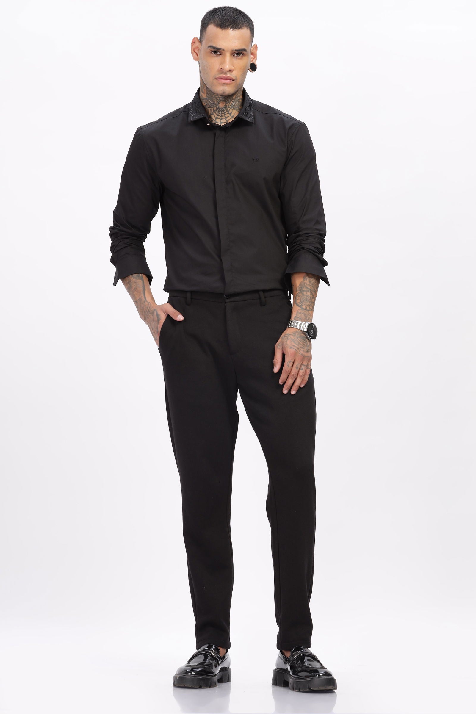 Crafted Collar Embroidered Black Shirt - Three Days