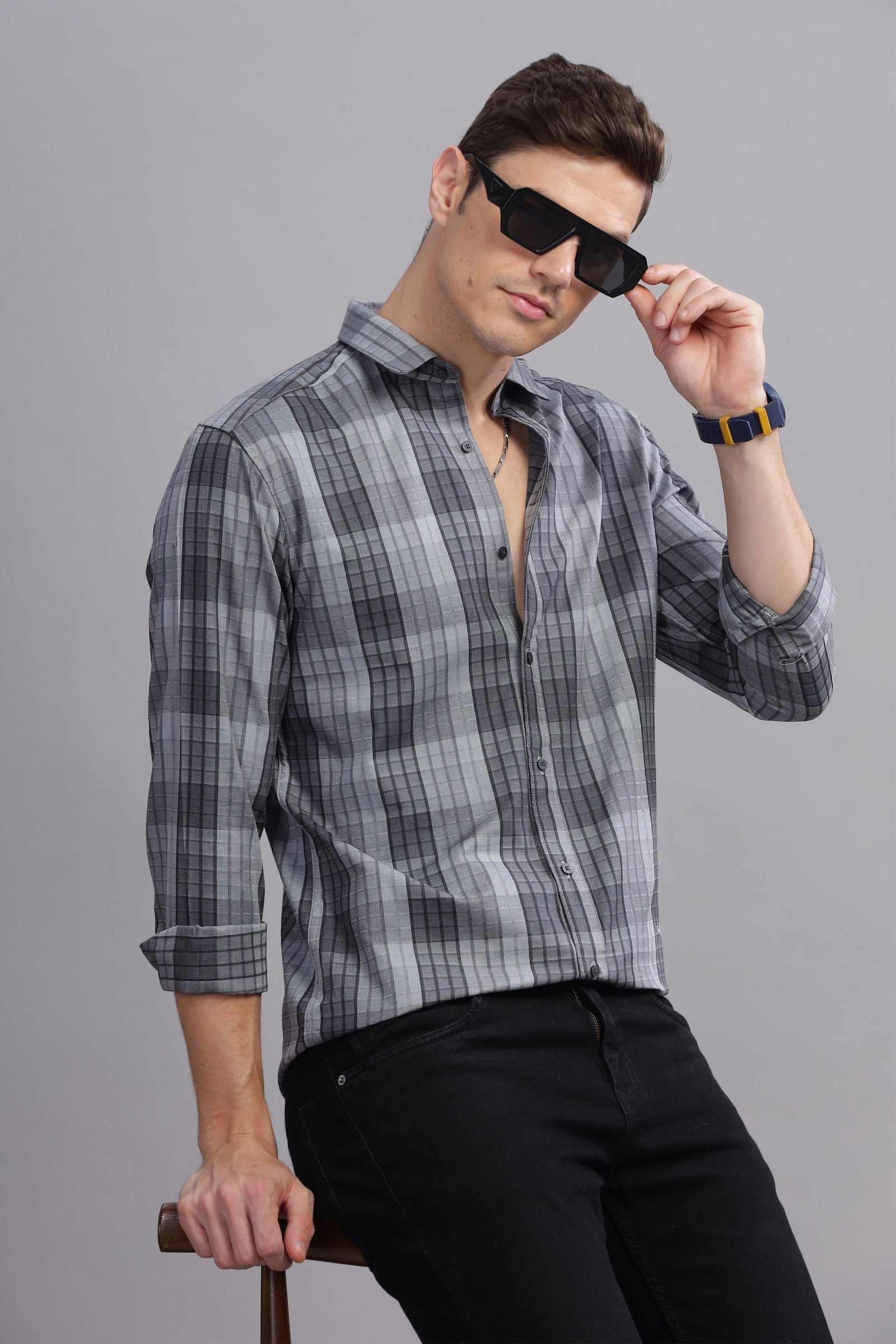 Grid craft Checkered Long Sleeve Shirt - Three Days