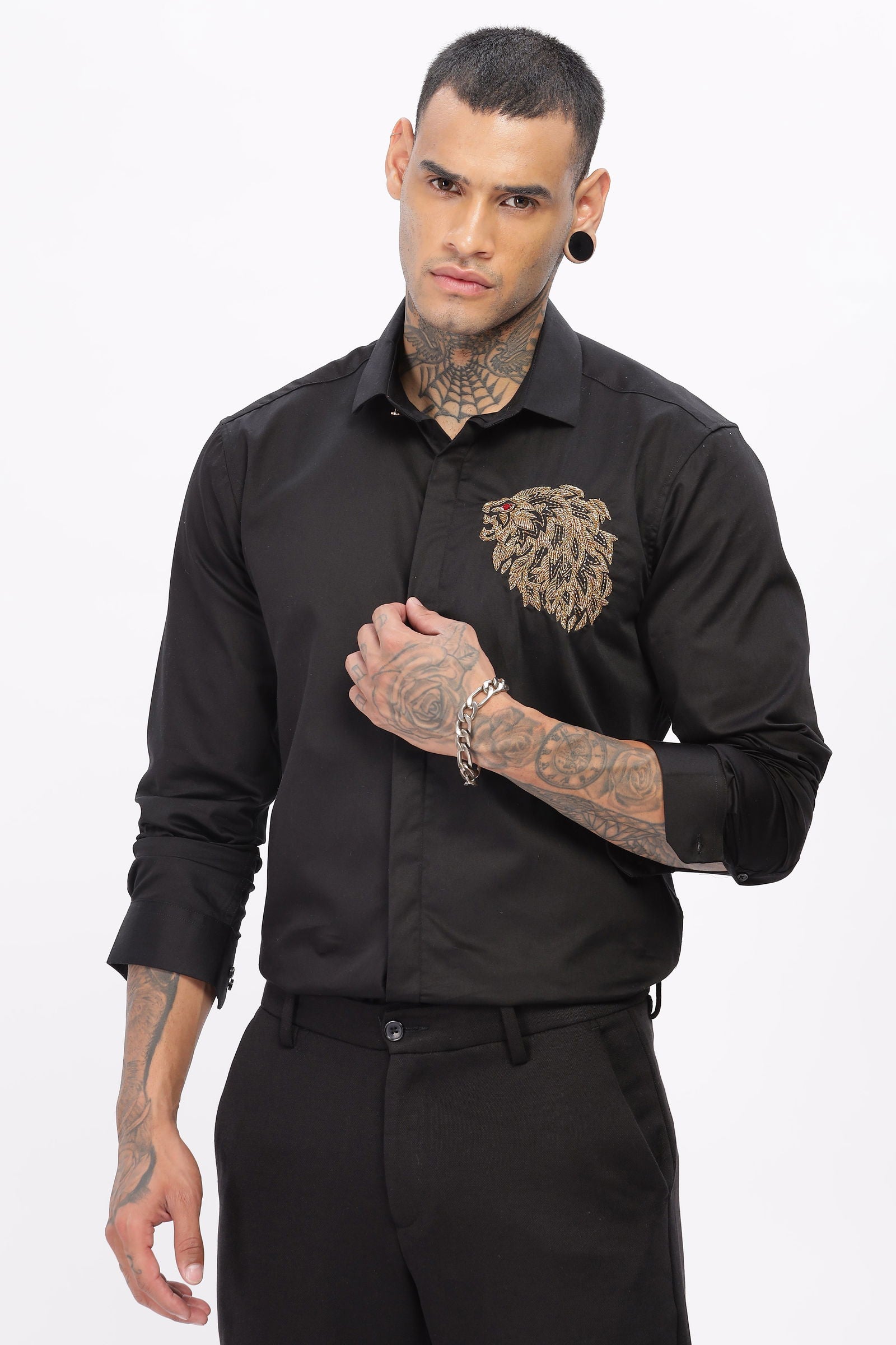 Handcrafted Lion Embroidered Black Shirt - Three Days