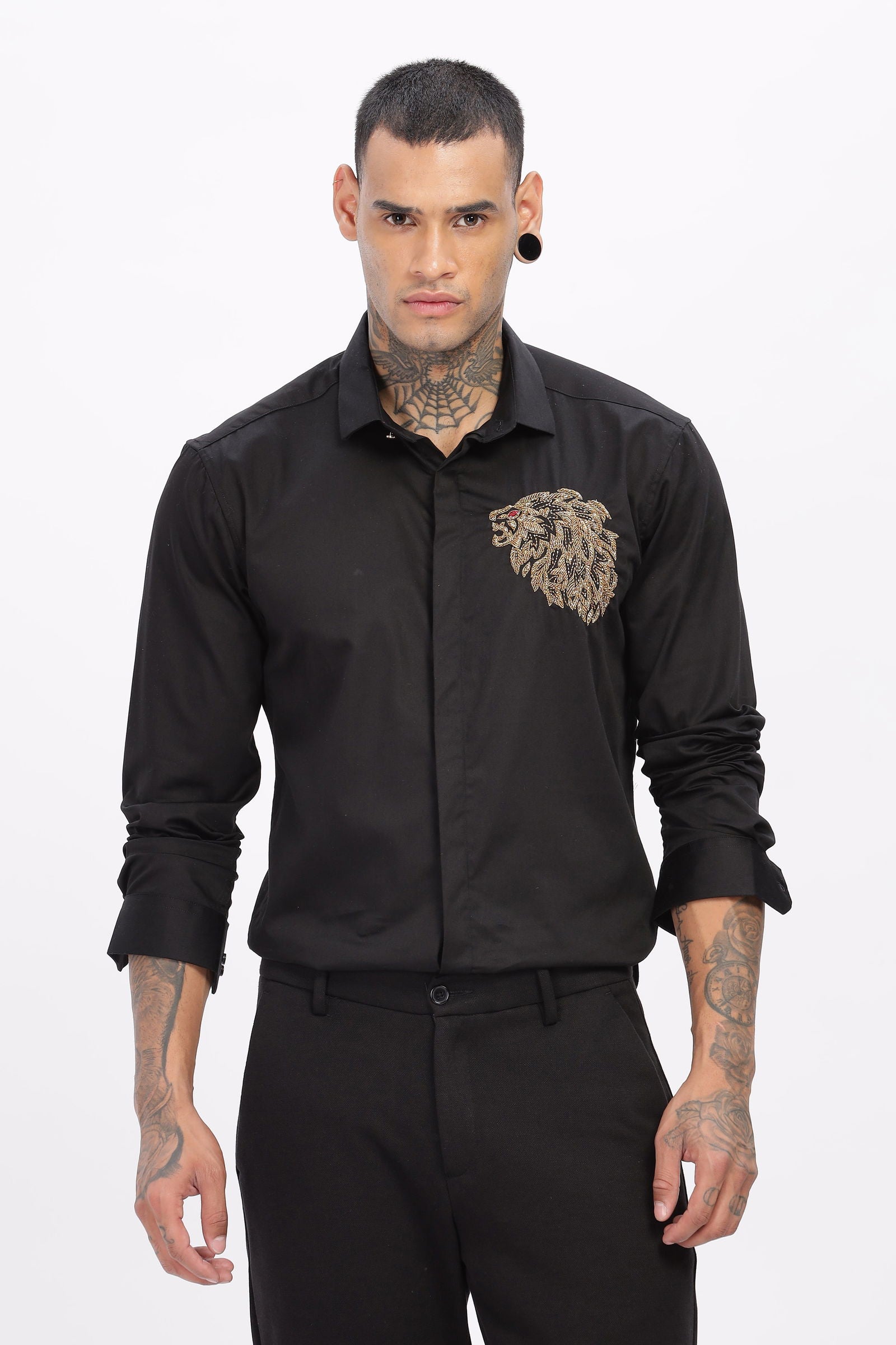 Handcrafted Lion Embroidered Black Shirt - Three Days