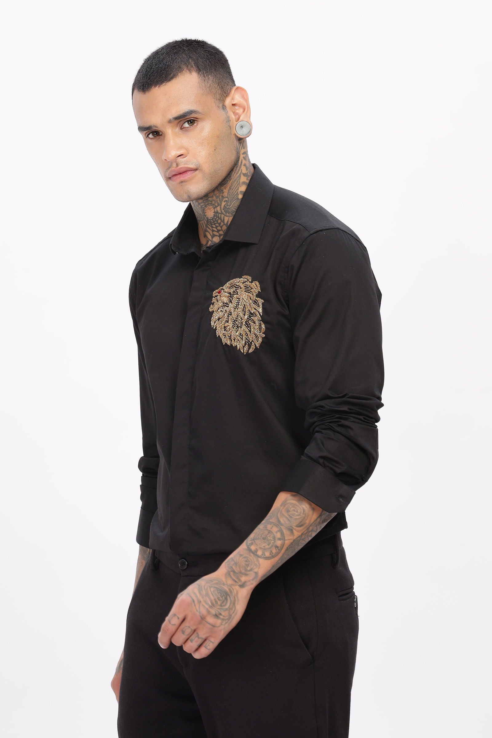 Handcrafted Lion Embroidered Black Shirt - Three Days