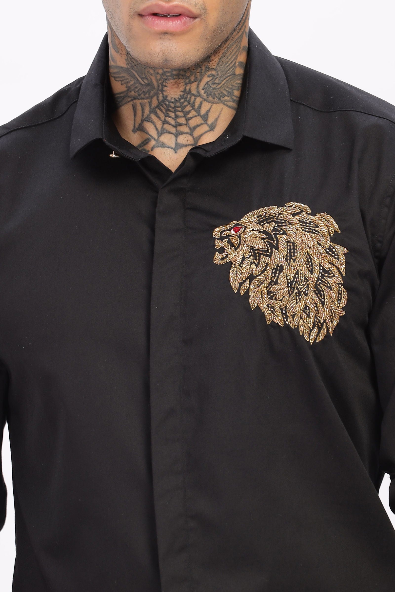 Handcrafted Lion Embroidered Black Shirt - Three Days