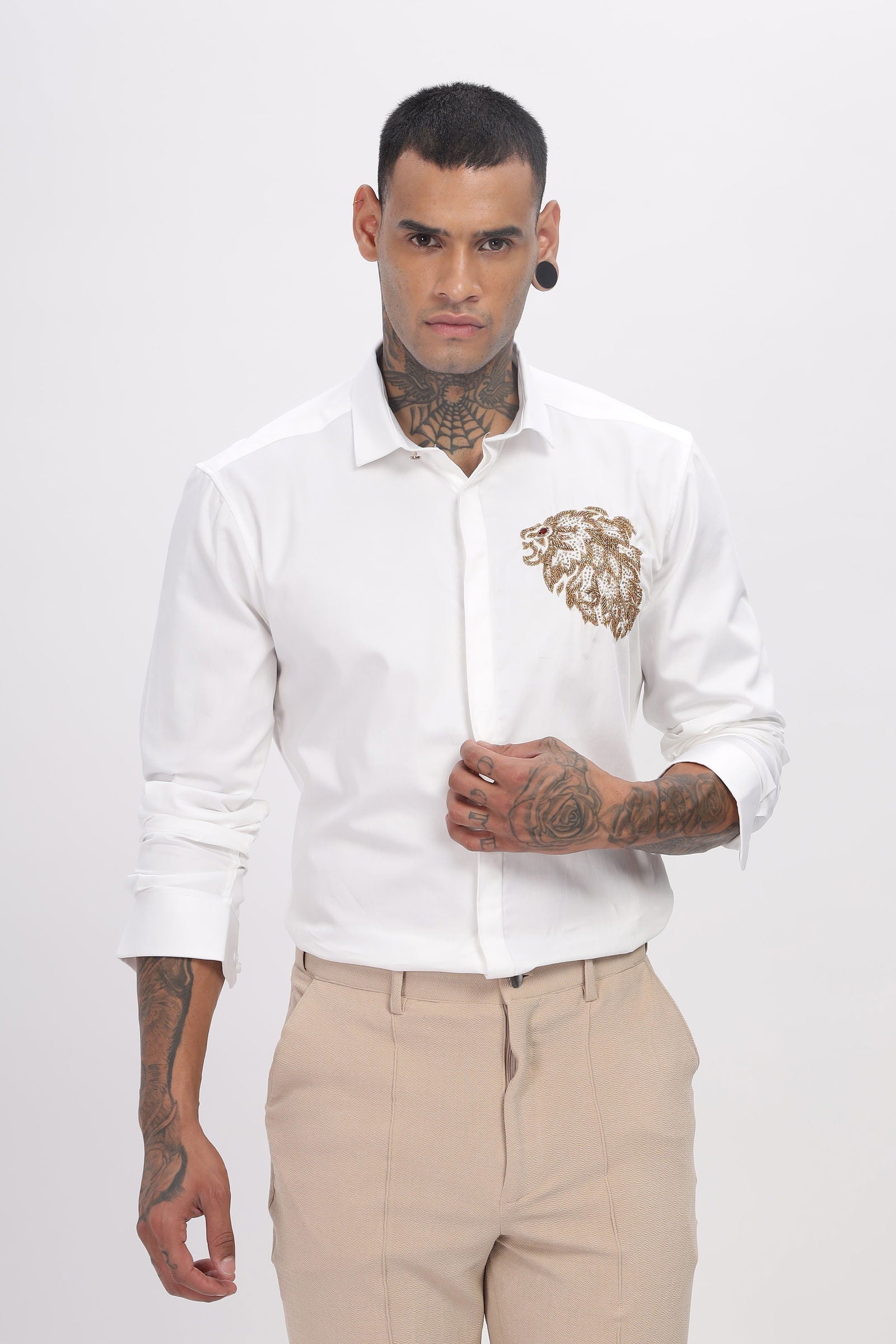 Handcrafted Lion Embroidered White Shirt - Three Days