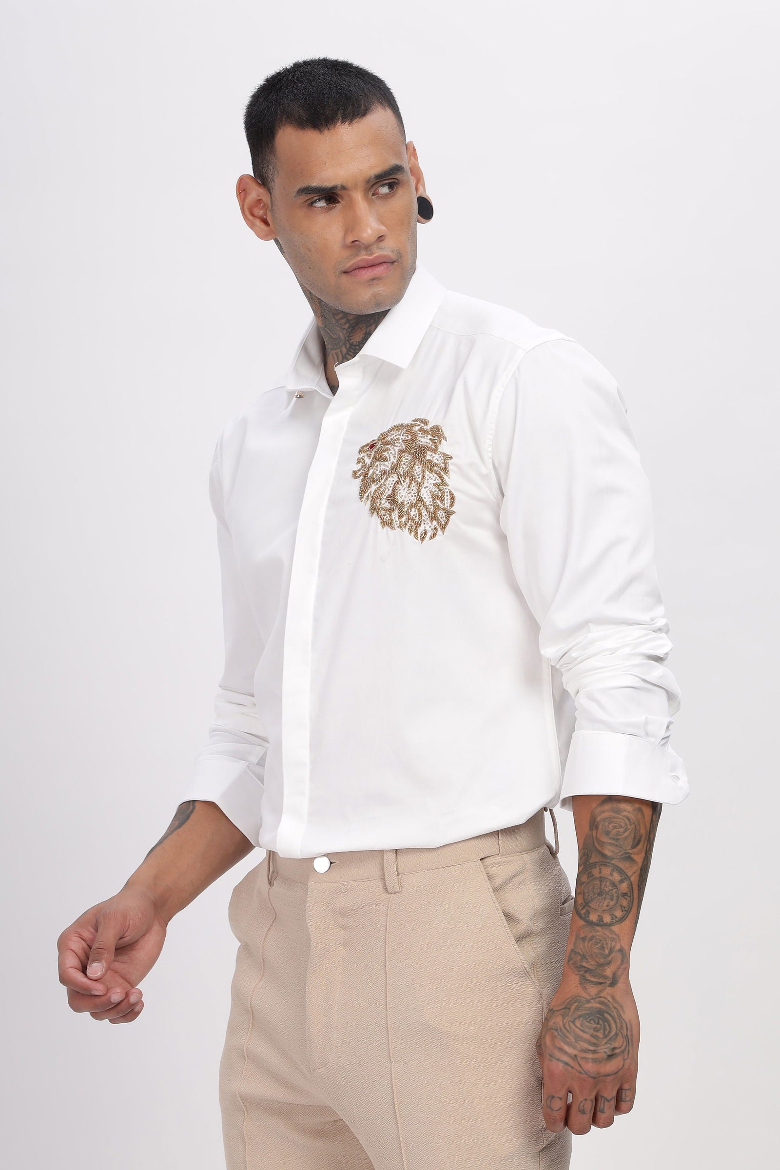 Handcrafted Lion Embroidered White Shirt - Three Days
