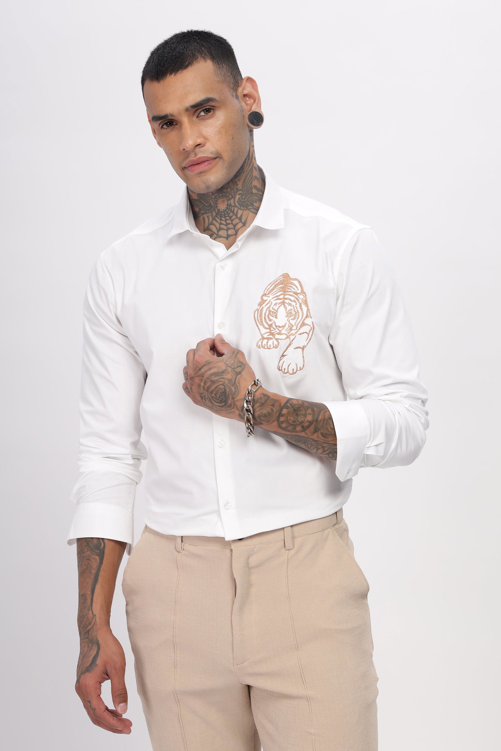 Luxe Tiger Embroidered White Shirt - Three Days