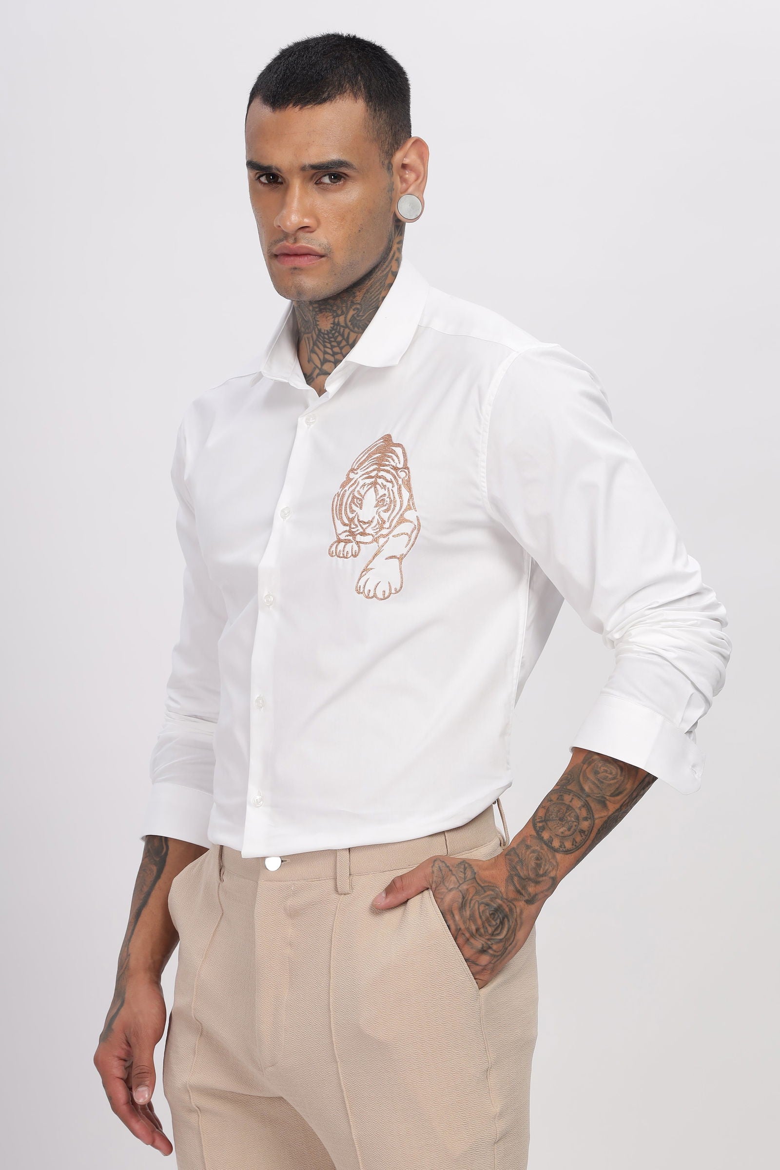 Luxe Tiger Embroidered White Shirt - Three Days