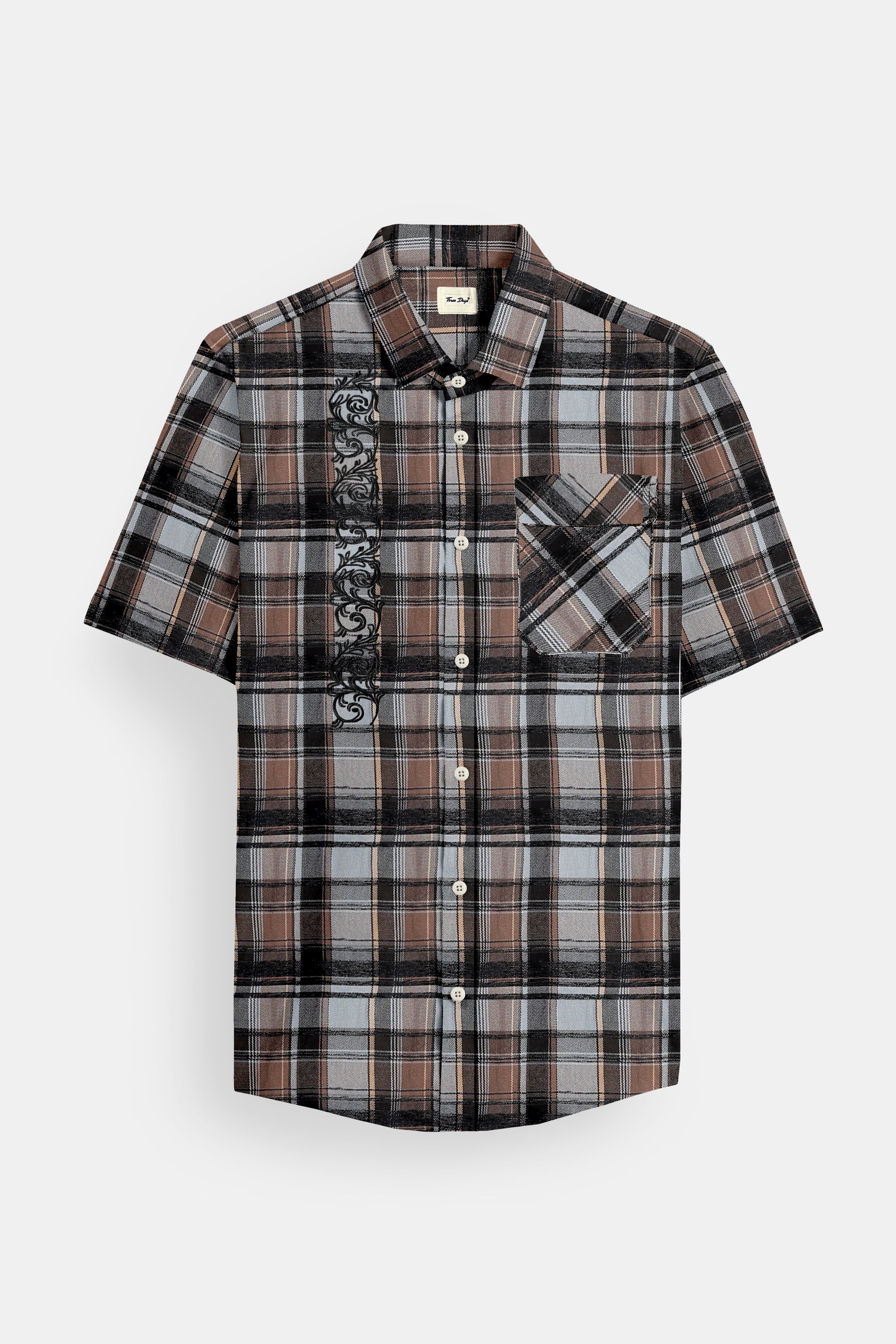 Plaid Embroider Half Sleeves Shirt