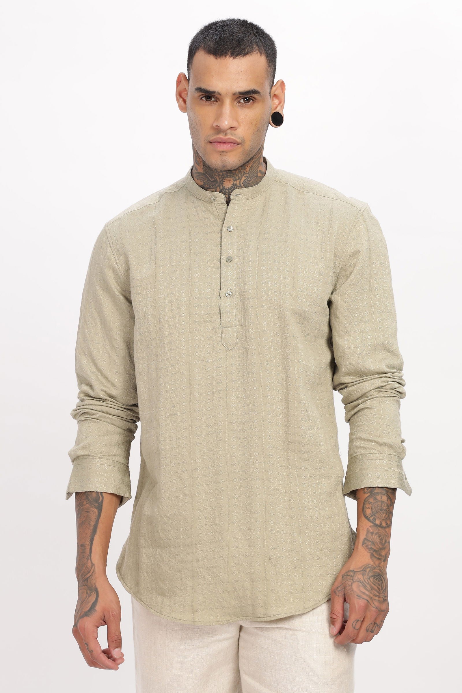 Textured Mandarin Collar Beige Shirt - Three Days