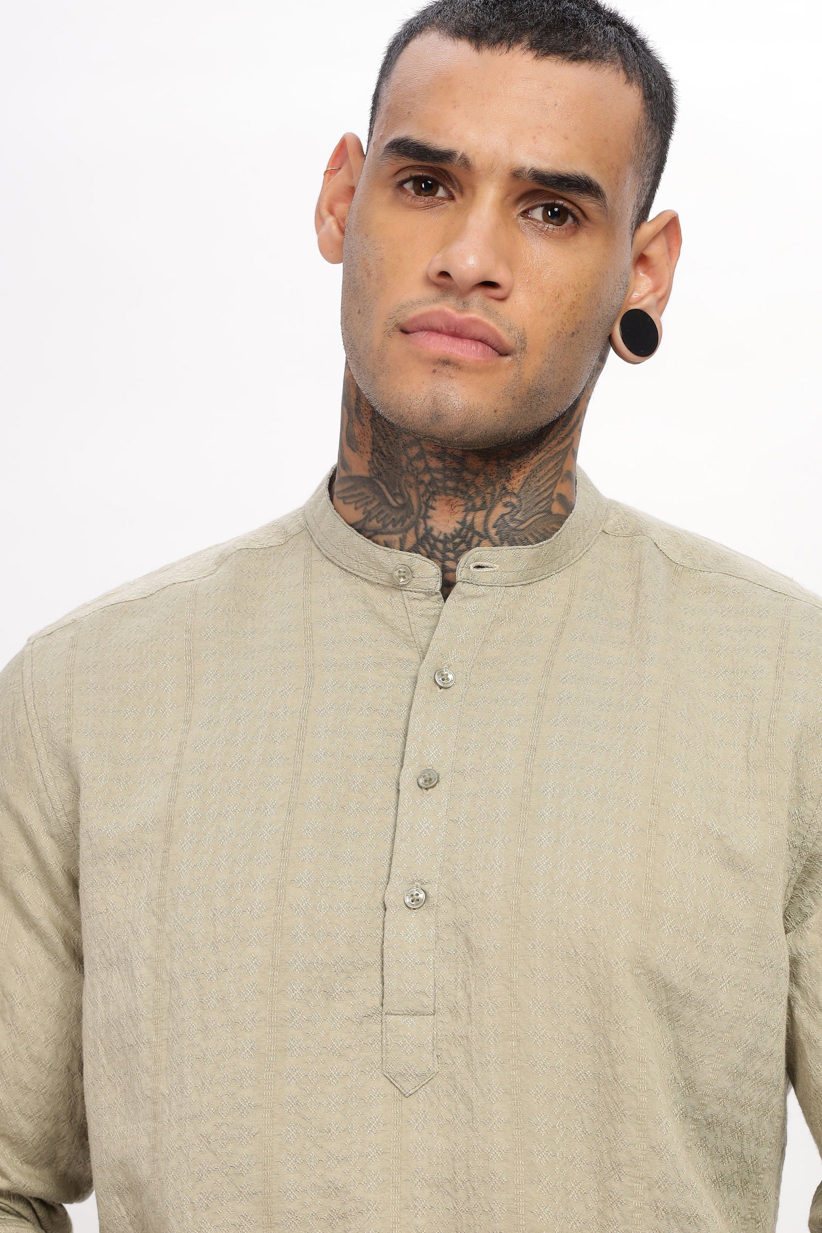 Textured Mandarin Collar Beige Shirt - Three Days