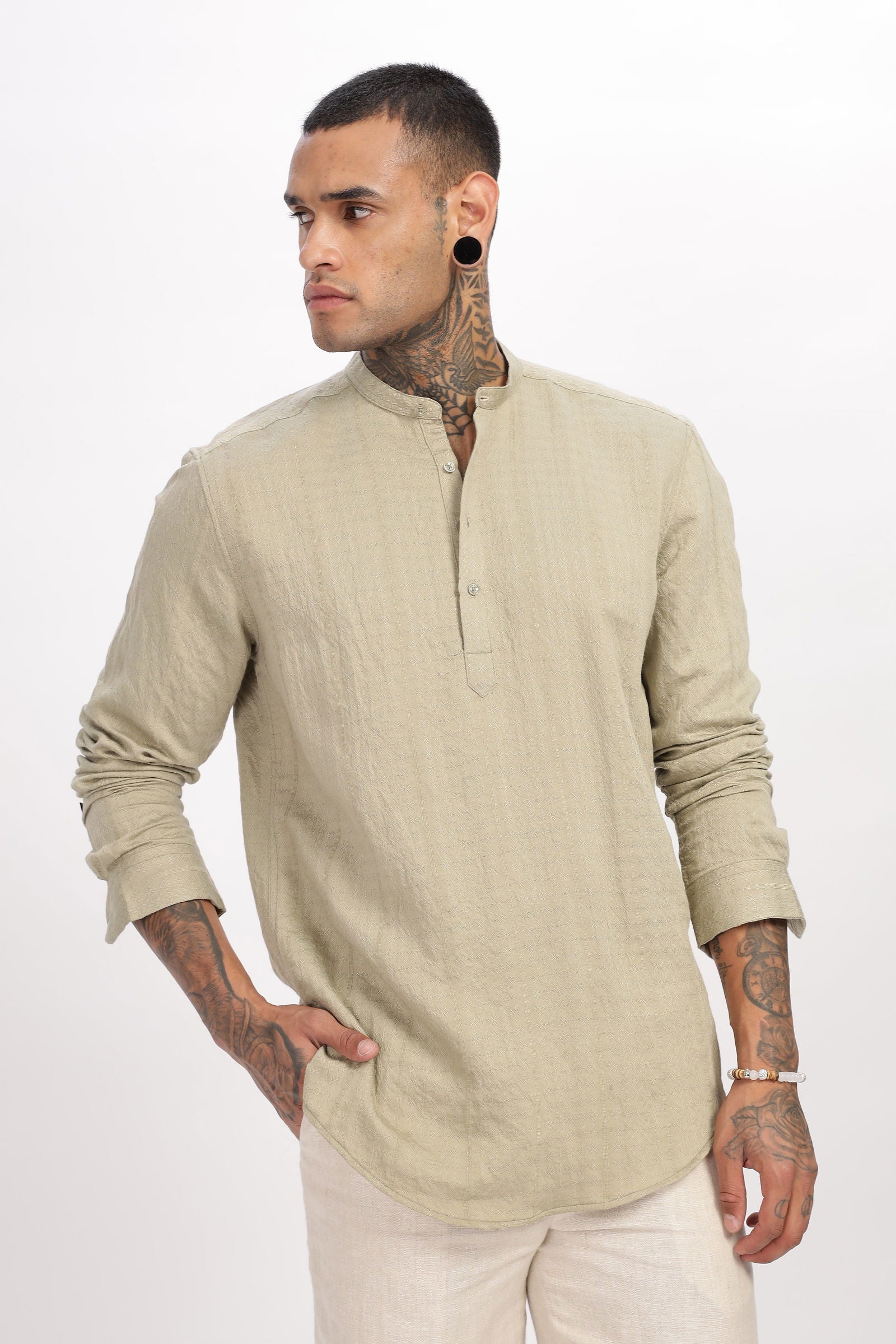 Textured Mandarin Collar Beige Shirt - Three Days