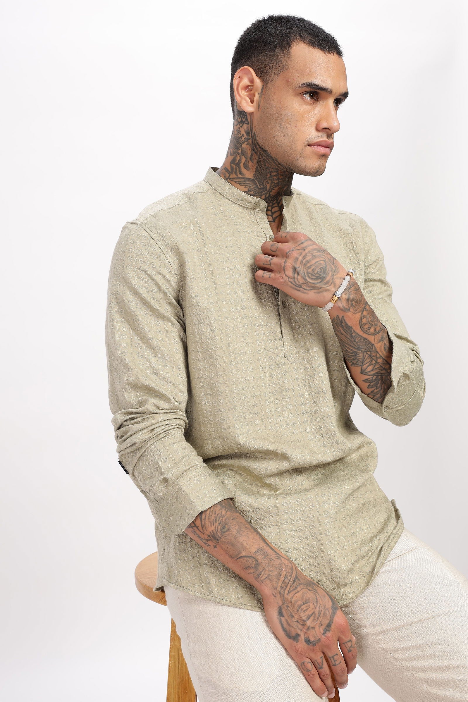Textured Mandarin Collar Beige Shirt - Three Days
