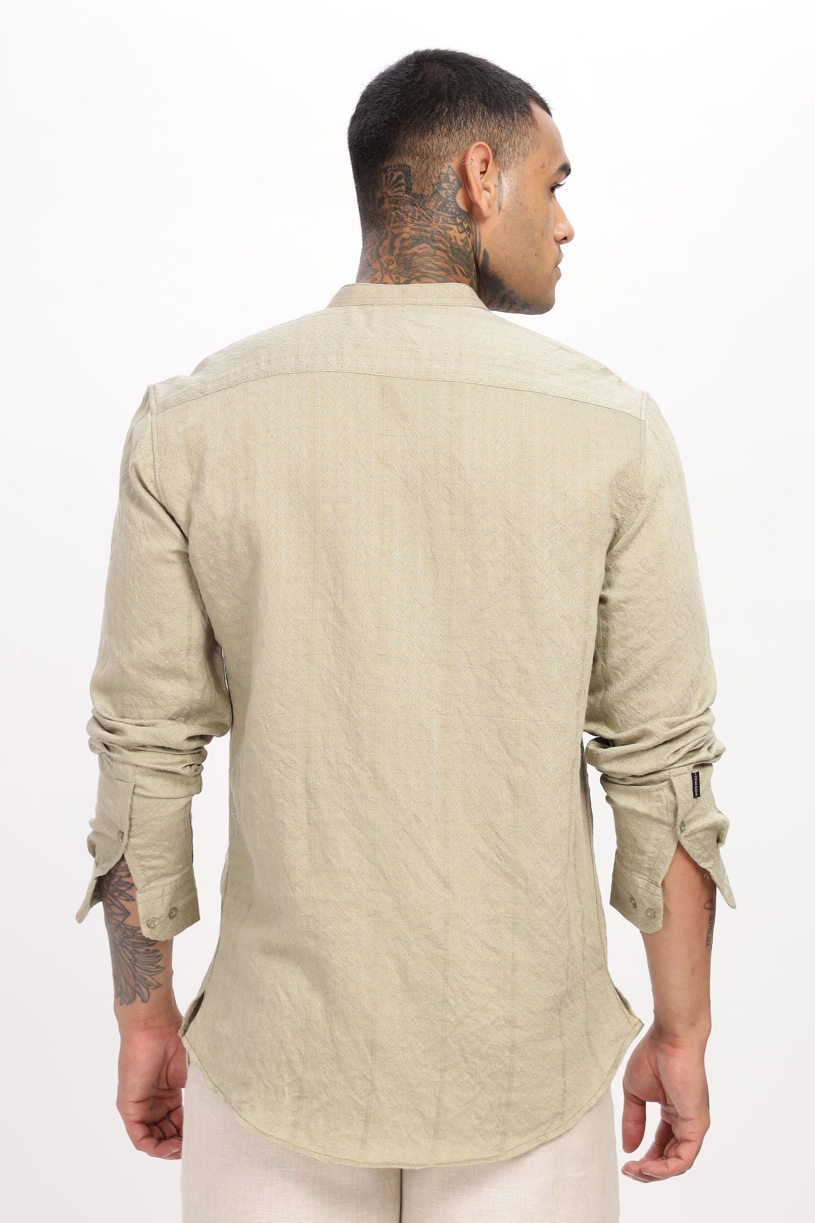Textured Mandarin Collar Beige Shirt - Three Days