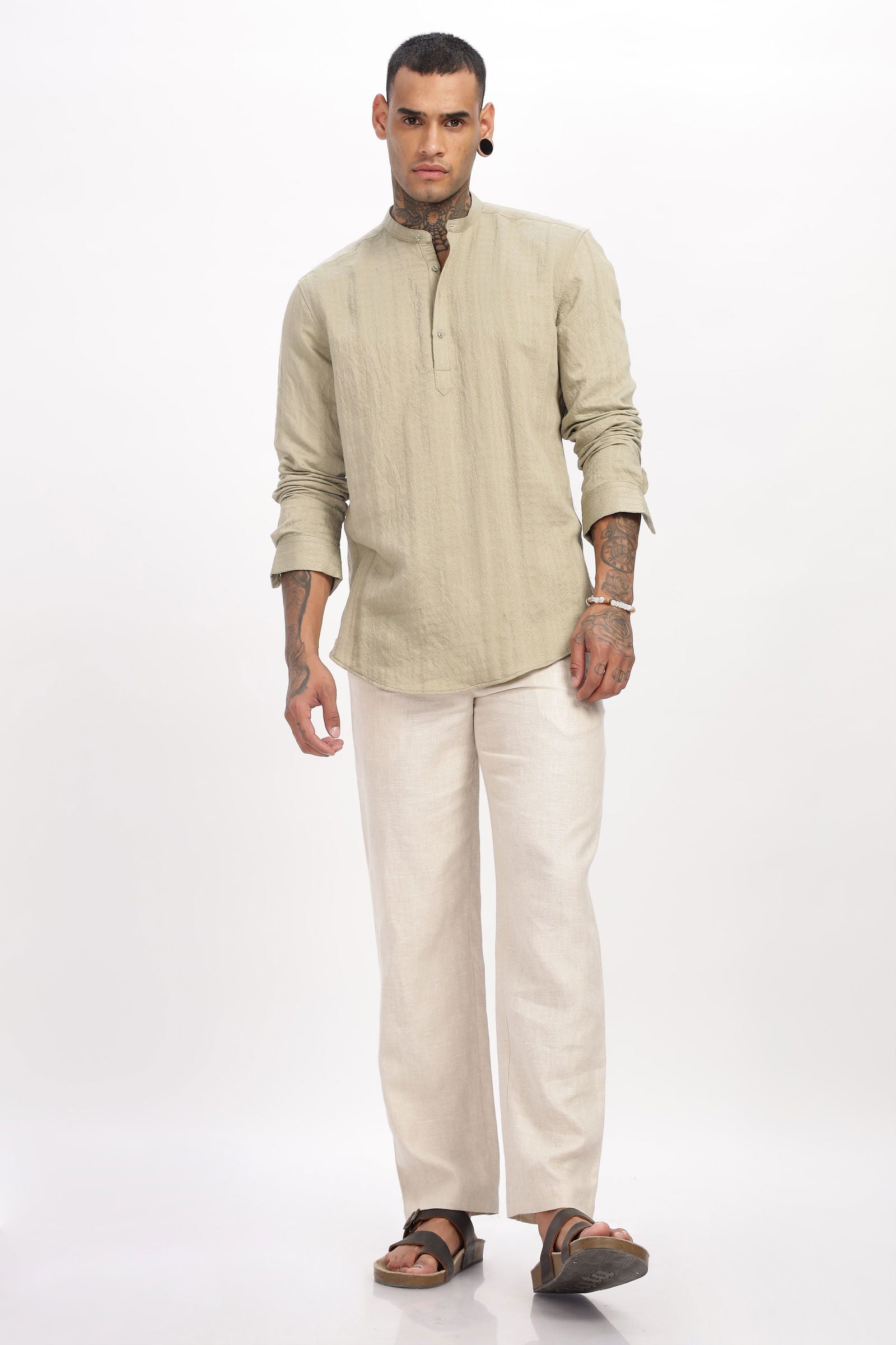 Textured Mandarin Collar Beige Shirt - Three Days