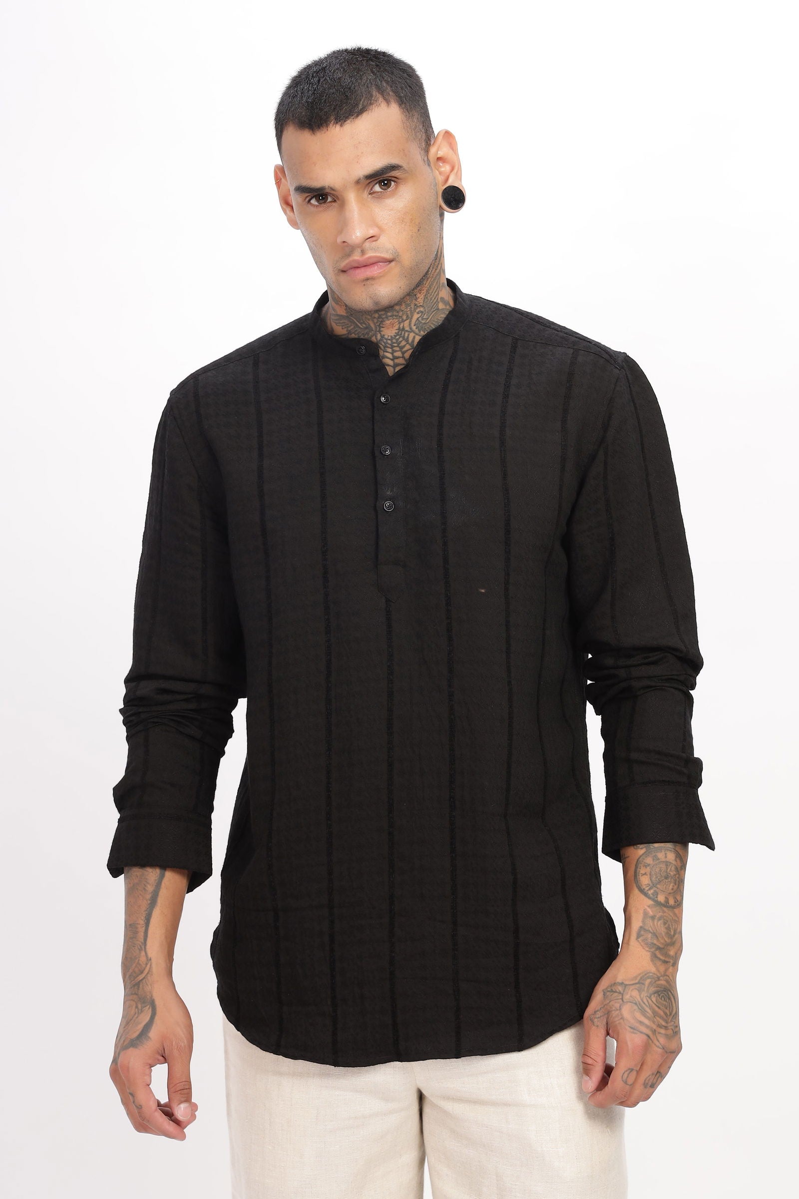 Textured Mandarin Collar Black Shirt - Three Days