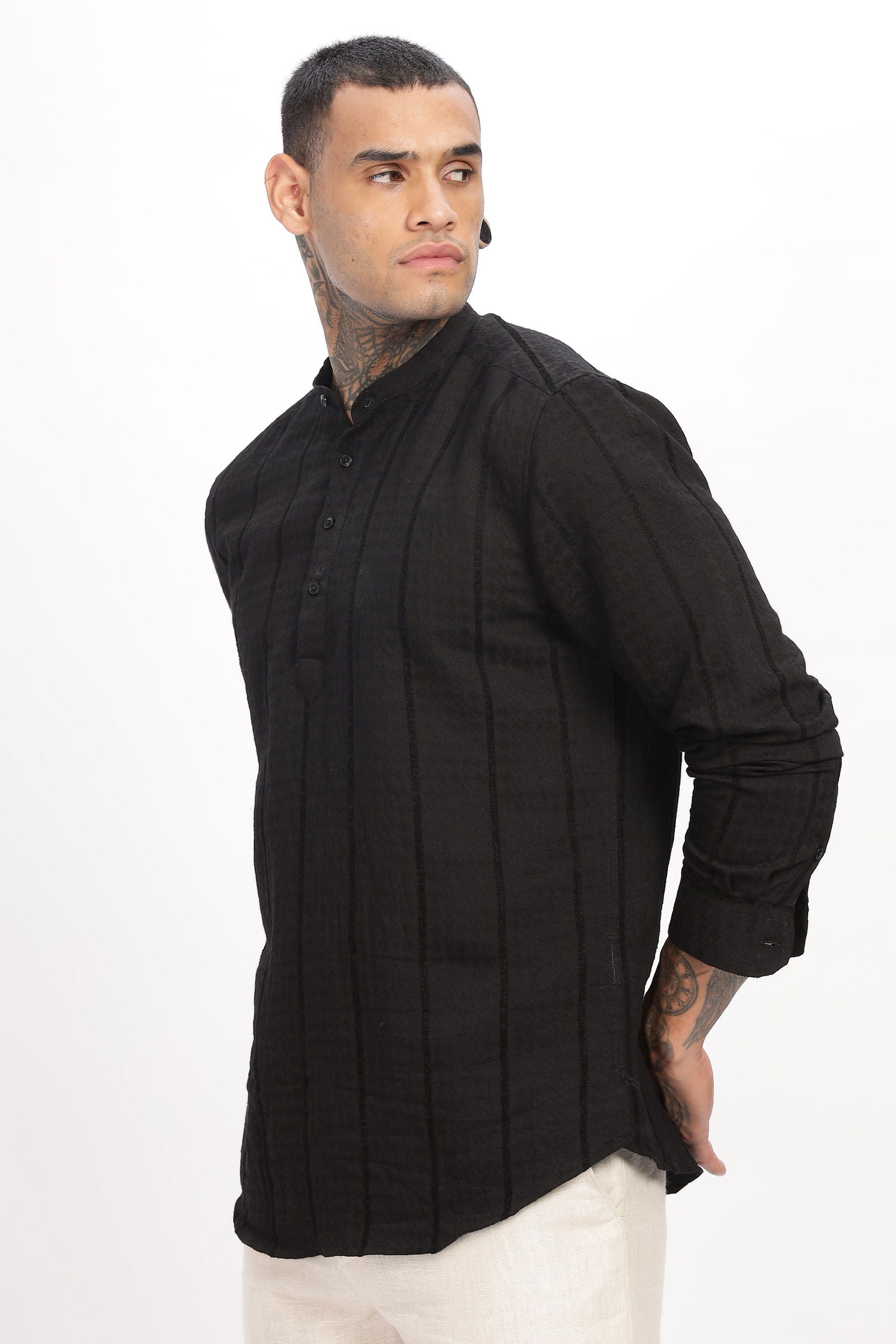 Textured Mandarin Collar Black Shirt - Three Days