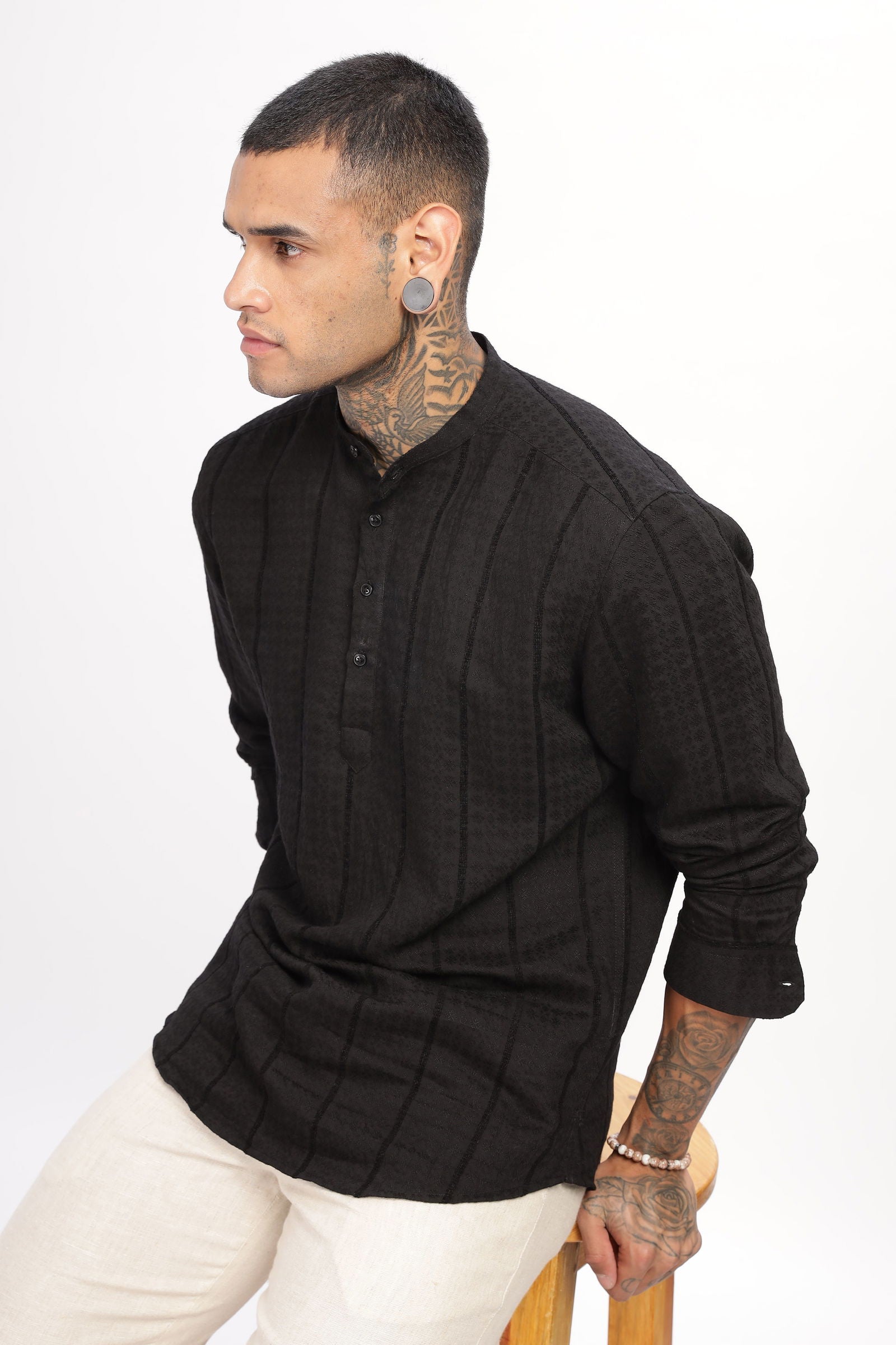 Textured Mandarin Collar Black Shirt - Three Days