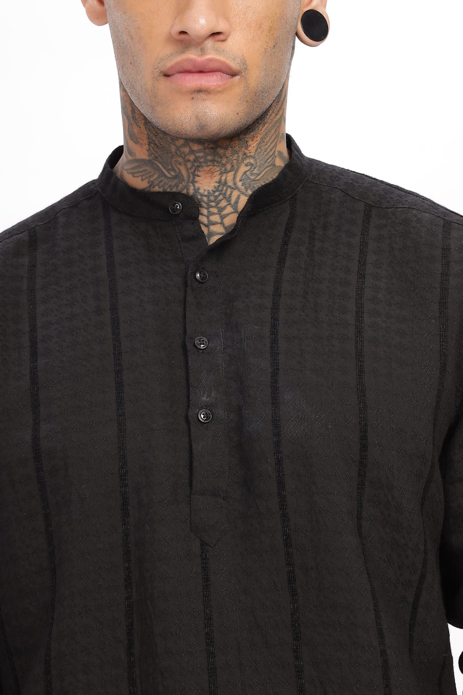 Textured Mandarin Collar Black Shirt - Three Days
