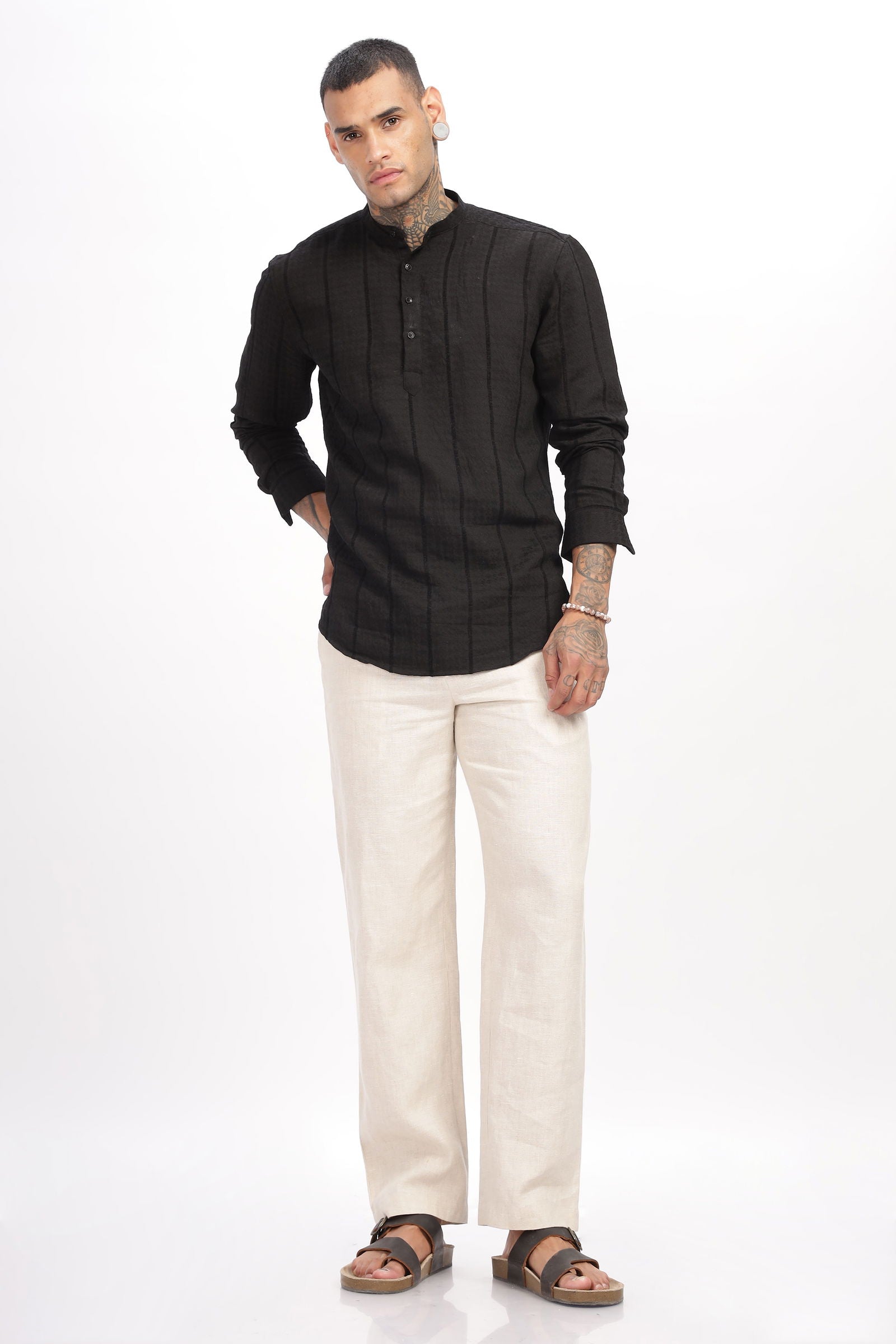 Textured Mandarin Collar Black Shirt - Three Days
