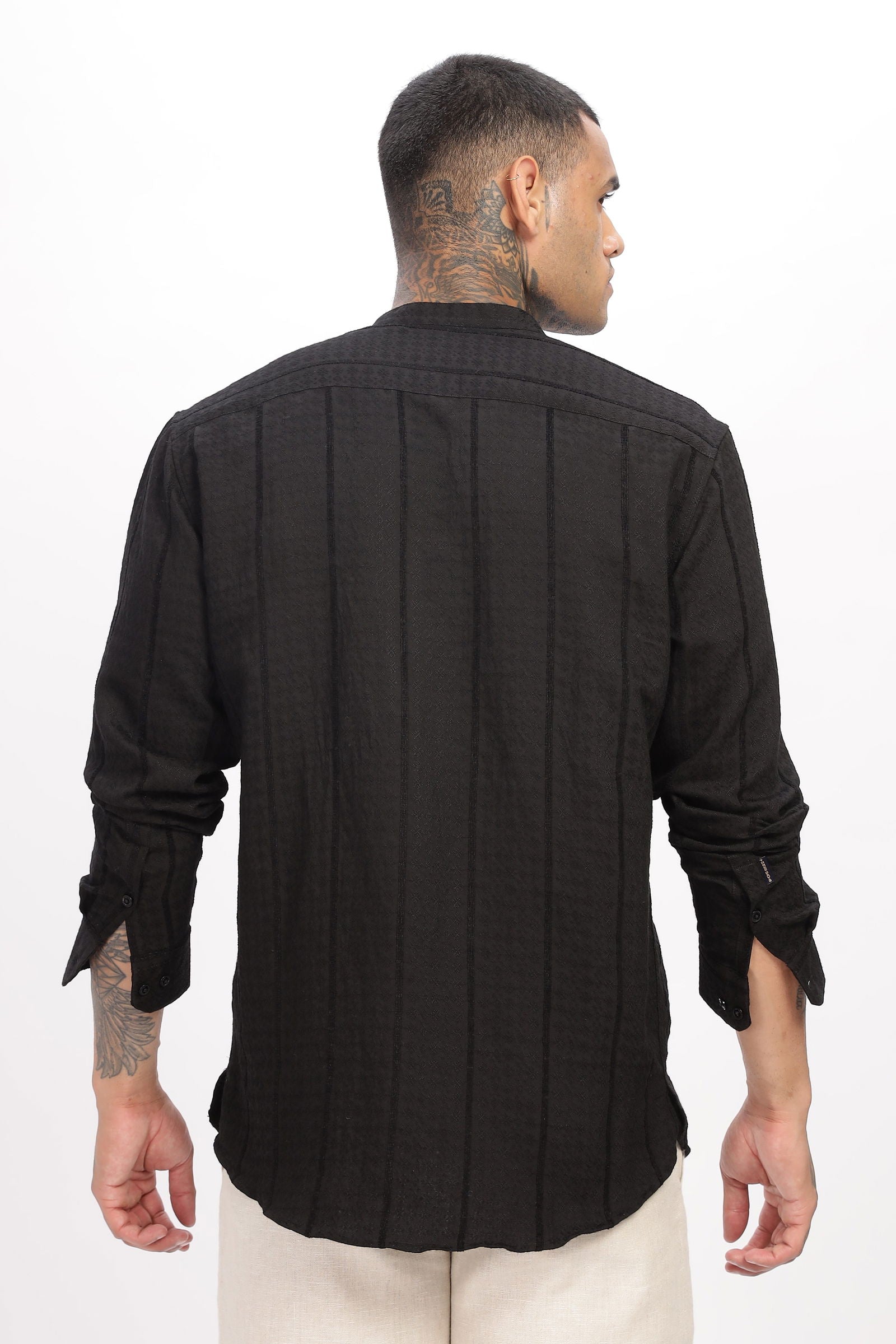 Textured Mandarin Collar Black Shirt - Three Days